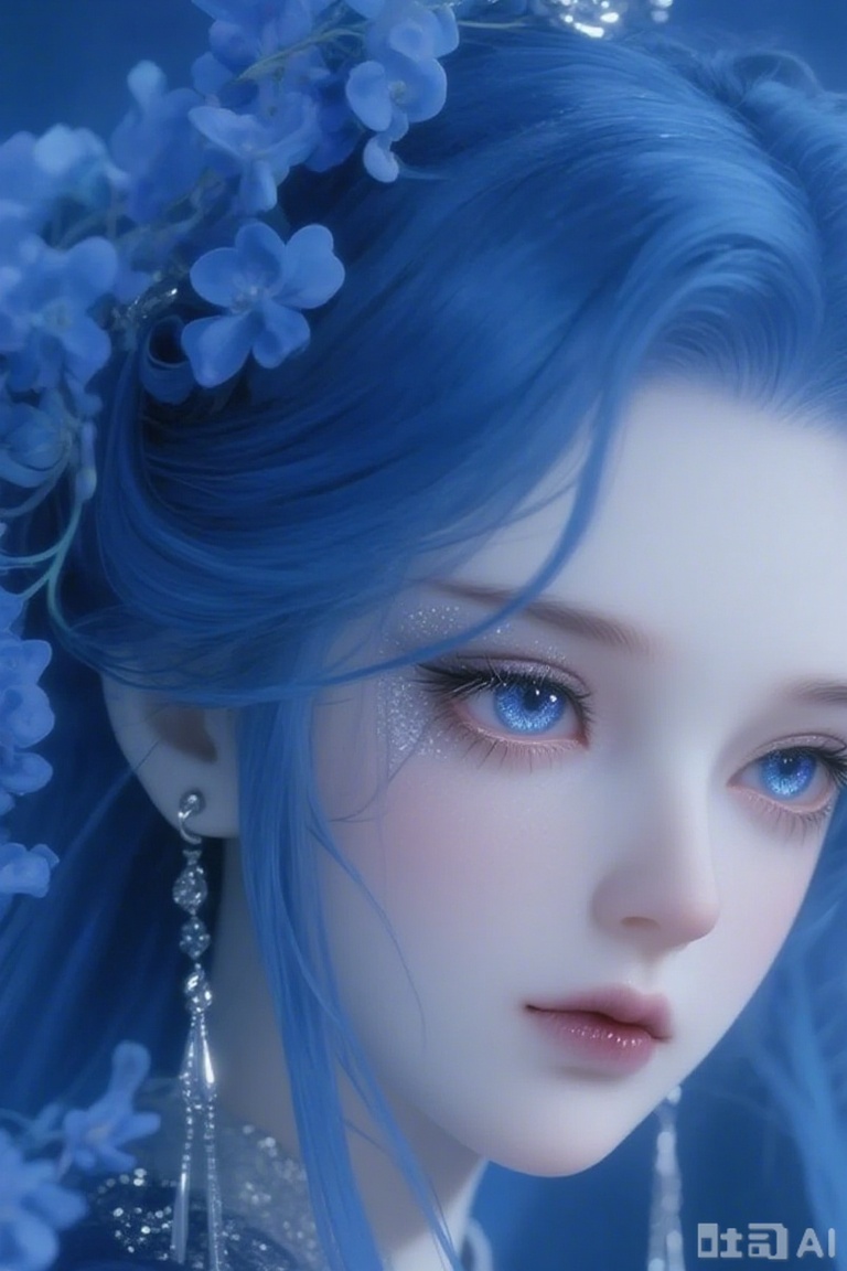 This image depicts a virtual character with blue hair and blue eyes. Her hair is adorned with blue flowers, and she wears silver earrings. Blue flowers also appear in the background, creating a fantasy-like atmosphere. Dominated by a blue color palette, the entire composition evokes a sense of calm and mystery.