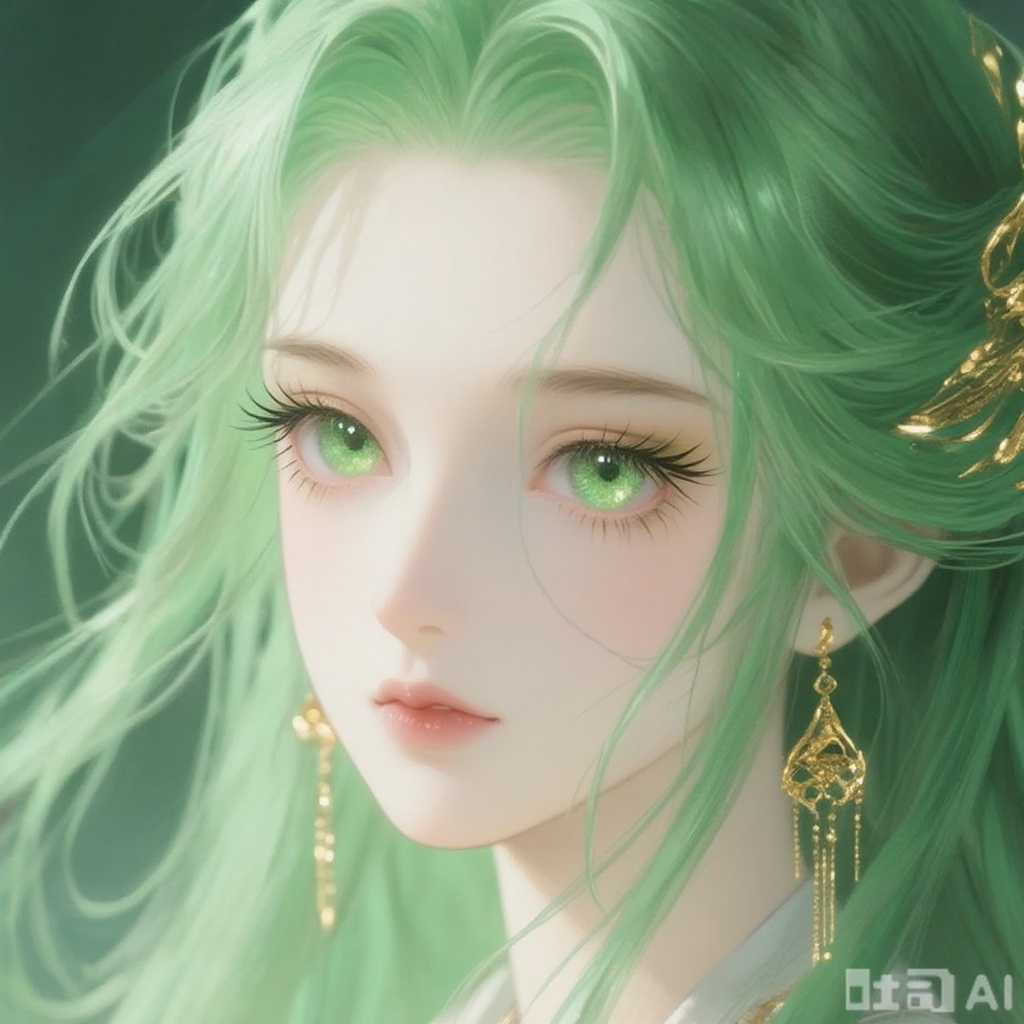 This image depicts an anime-style character with green hair and green eyes. The character's hair is exceptionally full and lustrous, displaying a soft green hue. Her eyes are large and bright, with thick eyelashes, conveying a gentle and serene expression.
The character wears a pair of gold earrings, intricately designed with dangling ornaments that add an elegant touch. Her skin is fair, and her lips are slightly pursed in a delicate shade of pink, creating an ethereal and fresh impression overall.
The background features a green tone that complements the character's hair color, establishing a harmonious atmosphere. The entire composition evokes a dreamy and tranquil feeling.