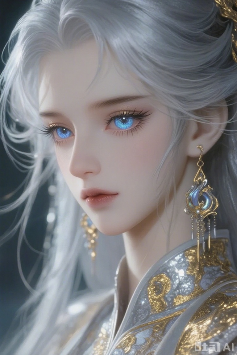 This image showcases a female character with long silver hair. Her eyes are large and bright, with blue pupils that convey an air of mystery and elegance. She wears a pair of exquisite earrings featuring intricate designs and a metallic sheen, which perfectly complement her overall appearance.

Clad in ornate attire adorned with gold and silver patterns, she exudes a sense of opulence and grandeur. The deliberately blurred background draws focus to the character, creating a dreamy and aesthetic ambiance throughout the scene.