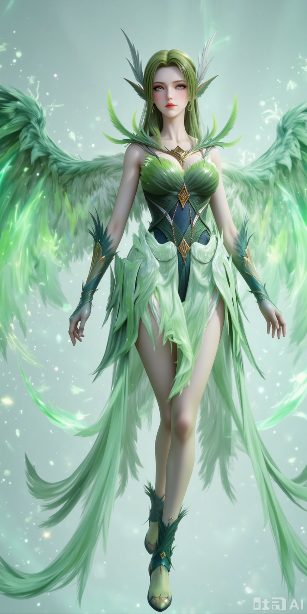 Best quality, masterpiece, 8k, 
A one-of-a-kind beauty, with green hair like a waterfall shining brightly, bright yellow eyes like brilliant stars, and skin radiating a soft and charming glow. Her figure was graceful and light, as if she were not bound by gravity. The pair of green wings on her back flapped slowly, and she soared in mid-air like an elf. She was dressed in a green dress swaying in the wind and wore delicate green boots, looking elegant and full of mysterious charm. The green glow emanating from her illuminated the surrounding air. Whether in the purity of a white background or the romance surrounded by flowers, she was like a fairy descending from the fairyland, making everything around her pale in comparison.

lvjing,guanghuapifu,pifu,biji