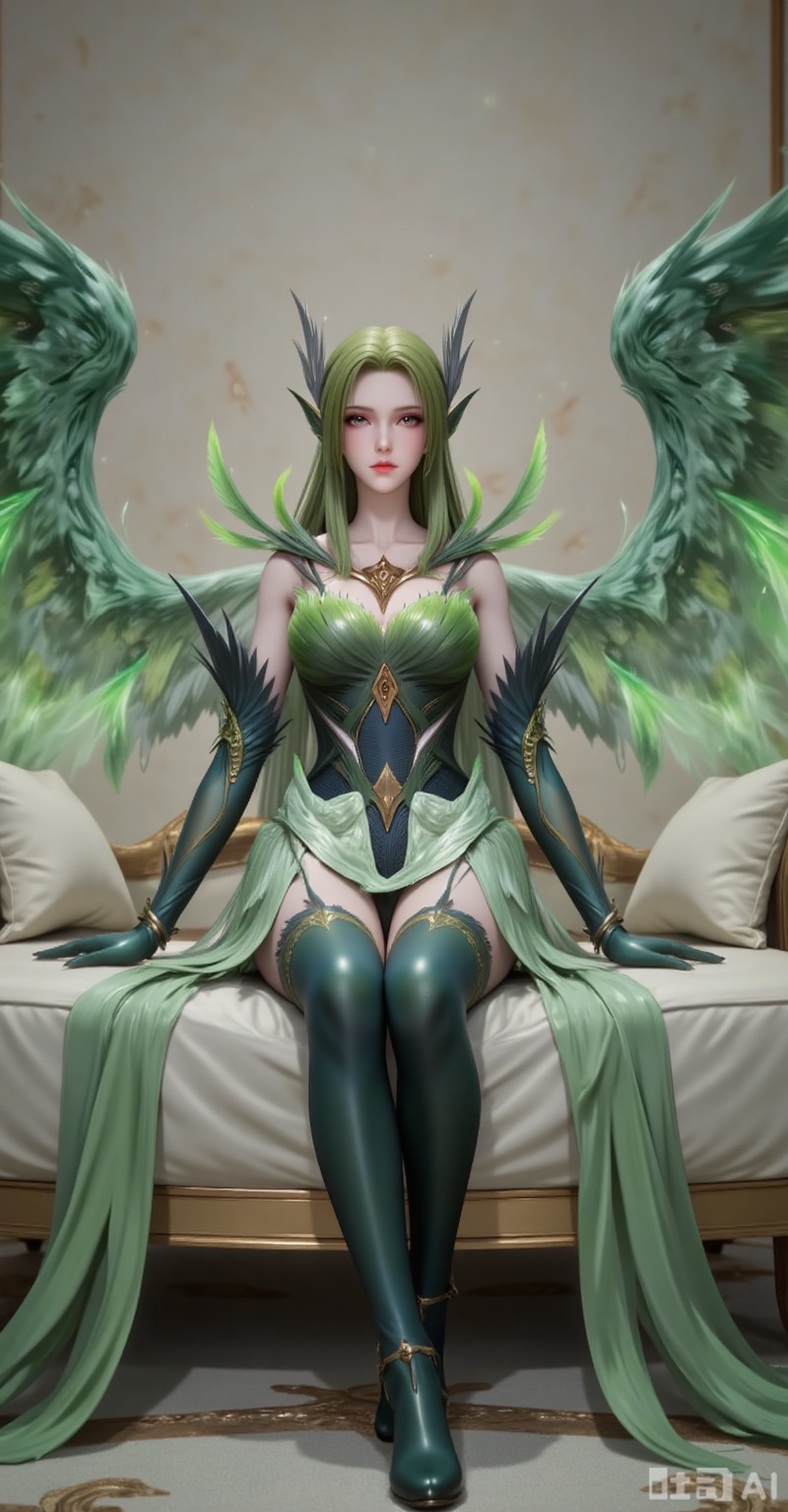 Best quality, masterpiece, 8k, 
1girl, solo, long hair, green hair, wings, green theme, green wings,legs,long legs,boots,knee_boots,sitting,sofa,flowers,
burry_background,simple background,
cover,gradient background,close-up details,outstanding style,adding a touch of dimension to your images without compromising details,close-up,(highres:1.2),colorful,
lvjing,guanghuapifu,pifu,biji
