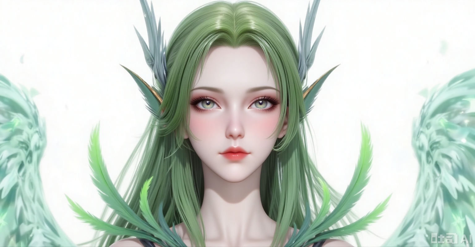 Best quality, masterpiece, 8k, 
1girl, solo, long hair, green hair, wings, green theme, green wings,
 white_background,simple background,
cover,gradient background,close-up details,outstanding style,adding a touch of dimension to your images without compromising details,close-up,(highres:1.2),colorful,
lvjing,guanghuapifu,pifu,biji