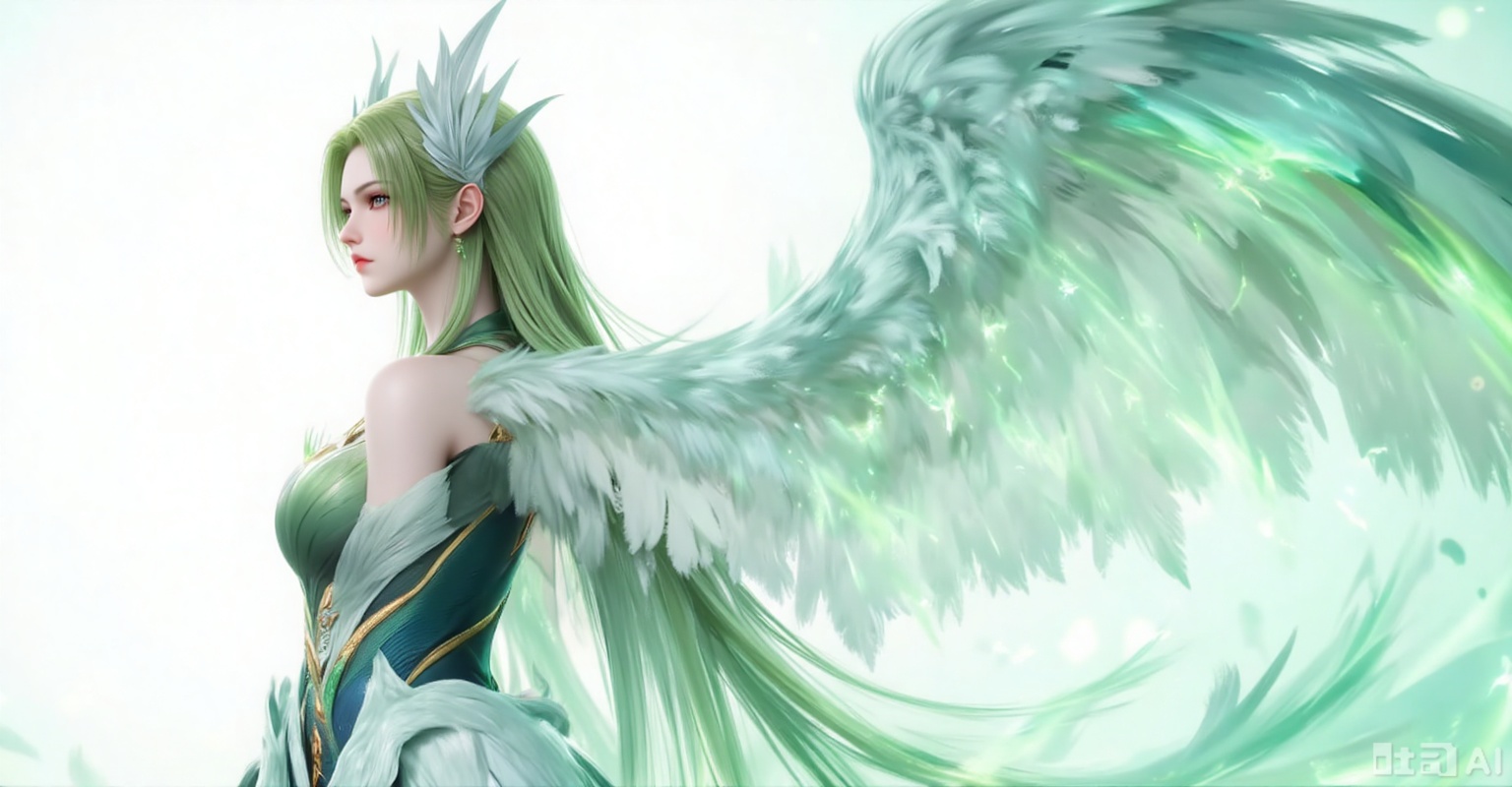 Best quality, masterpiece, 8k, 
1girl, solo, long hair, green hair, wings, green theme, green wings,
 white_background,simple background,
cover,gradient background,close-up details,outstanding style,adding a touch of dimension to your images without compromising details,close-up,(highres:1.2),colorful,
lvjing,guanghuapifu,pifu,biji