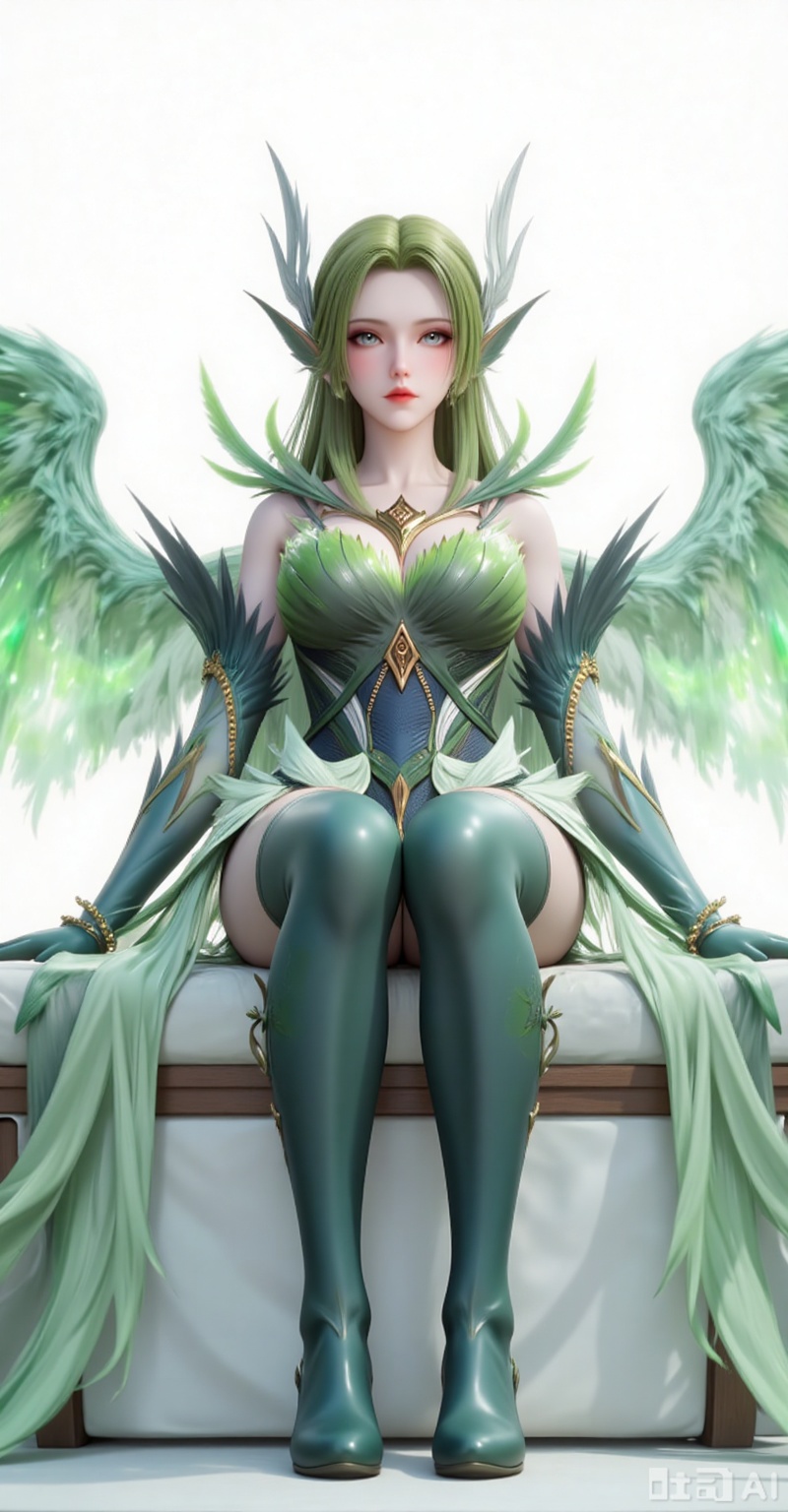 Best quality, masterpiece, 8k, 
1girl, solo, long hair, green hair, wings, green theme, green wings,legs,long legs,boots,knee_boots,sitting,sofa,
 white_background,simple background,
cover,gradient background,close-up details,outstanding style,adding a touch of dimension to your images without compromising details,close-up,(highres:1.2),colorful,
lvjing,guanghuapifu,pifu,biji