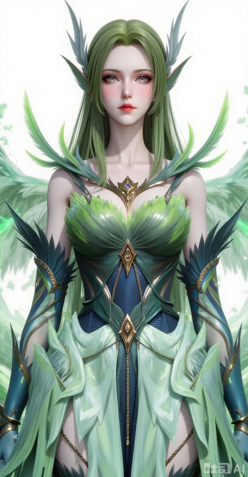 Best quality, masterpiece, 8k, 
1girl, solo, long hair, green hair, wings, green theme, green wings,
 white_background,simple background,
cover,gradient background,close-up details,outstanding style,adding a touch of dimension to your images without compromising details,close-up,(highres:1.2),colorful,
lvjing,guanghuapifu,pifu,biji
