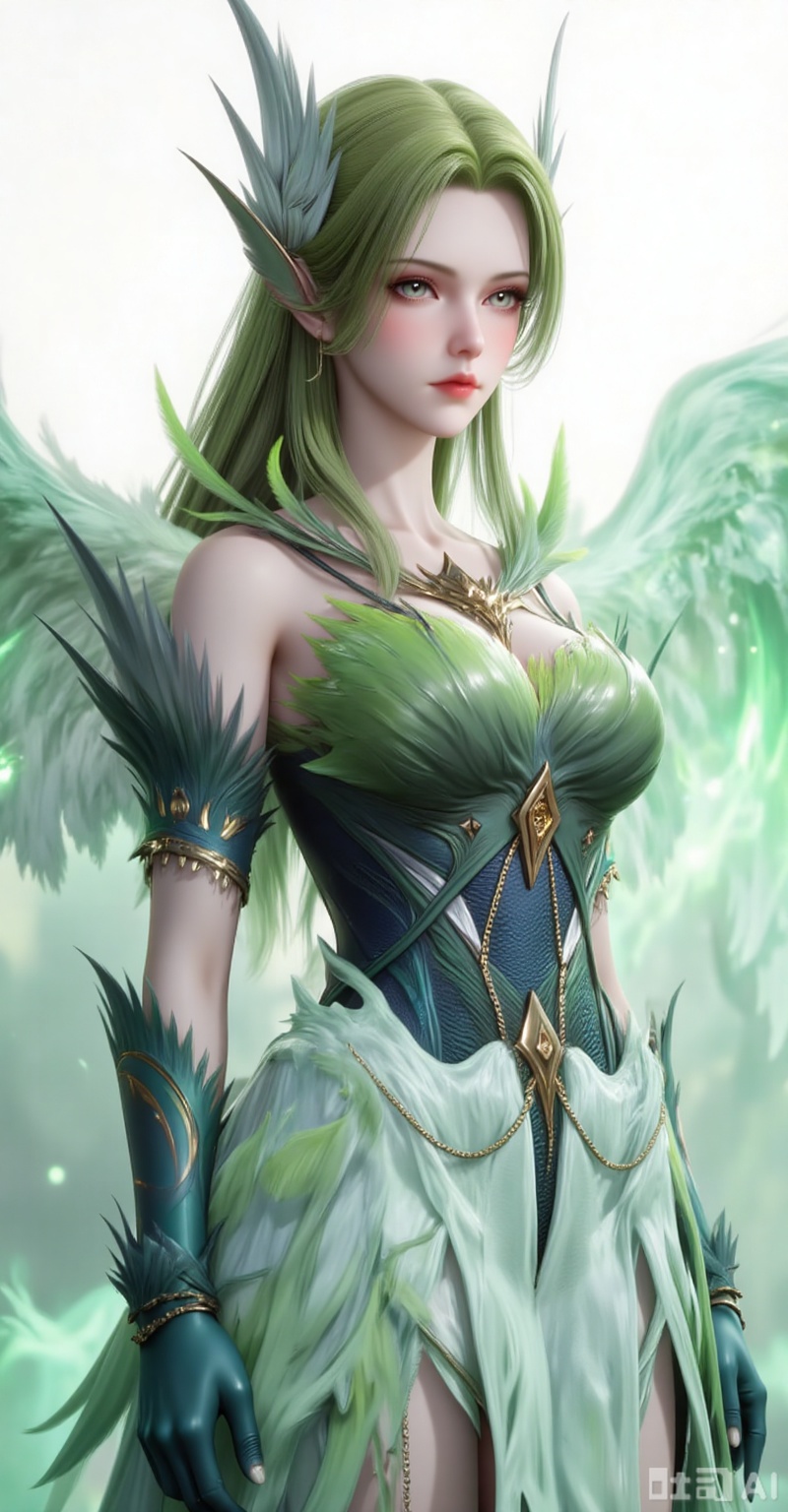 Best quality, masterpiece, 8k, 
1girl, solo, long hair, green hair, wings, green theme, green wings,
 white_background,simple background,
cover,gradient background,close-up details,outstanding style,adding a touch of dimension to your images without compromising details,close-up,(highres:1.2),colorful,
lvjing,guanghuapifu,pifu,biji