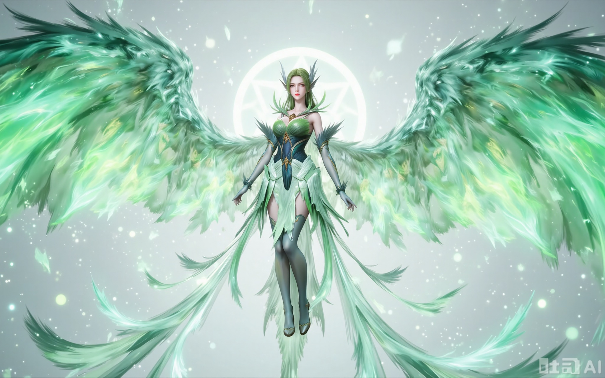 Best quality, masterpiece, 8k, 
A one-of-a-kind beauty, with green hair like a waterfall shining brightly, bright yellow eyes like brilliant stars, and skin radiating a soft and charming glow. Her figure was graceful and light, as if she were not bound by gravity. The pair of green wings on her back flapped slowly, and she soared in mid-air like an elf. She was dressed in a green dress swaying in the wind and wore delicate green boots, looking elegant and full of mysterious charm. The green glow emanating from her illuminated the surrounding air. Whether in the purity of a white background or the romance surrounded by flowers, she was like a fairy descending from the fairyland, making everything around her pale in comparison.

lvjing,guanghuapifu,pifu,biji