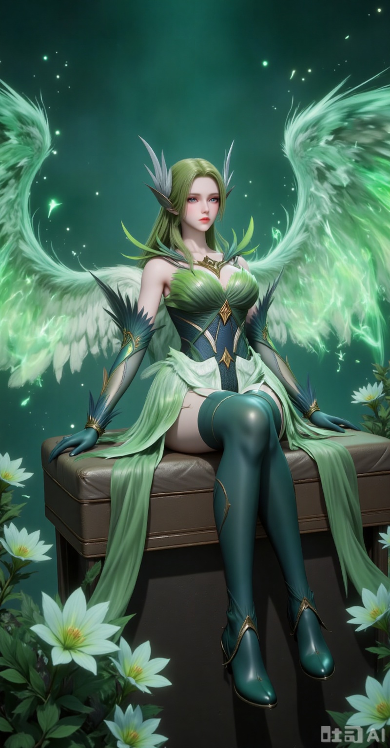 Best quality, masterpiece, 8k, 
1girl, solo, long hair, green hair, wings, green theme, green wings,legs,long legs,boots,knee_boots,sitting,sofa,flowers,
burry_background,simple background,
cover,gradient background,close-up details,outstanding style,adding a touch of dimension to your images without compromising details,close-up,(highres:1.2),colorful,
lvjing,guanghuapifu,pifu,biji