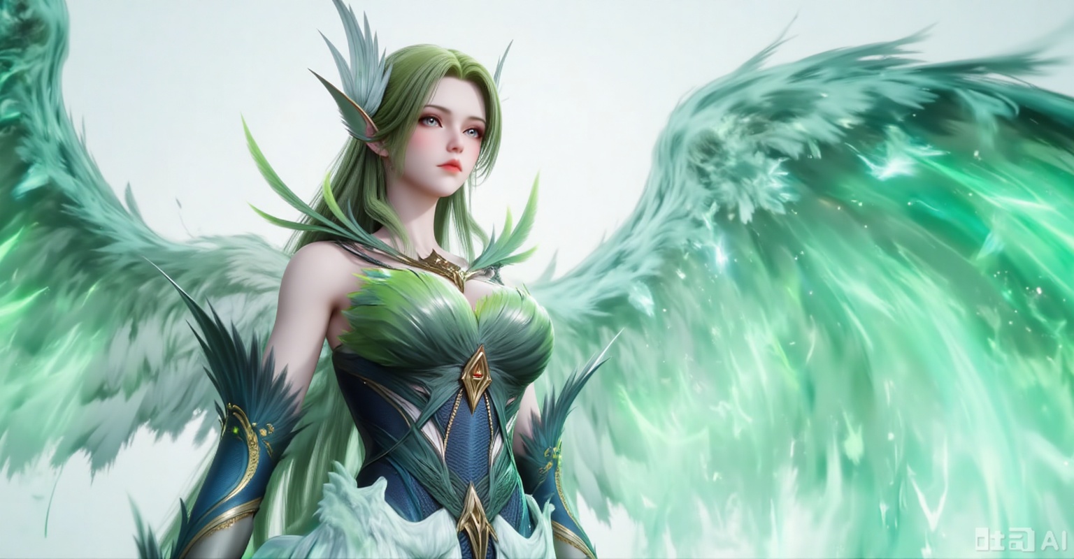 Best quality, masterpiece, 8k, 
1girl, solo, long hair, green hair, wings, green theme, green wings,
 white_background,simple background,
cover,gradient background,close-up details,outstanding style,adding a touch of dimension to your images without compromising details,close-up,(highres:1.2),colorful,
lvjing,guanghuapifu,pifu,biji