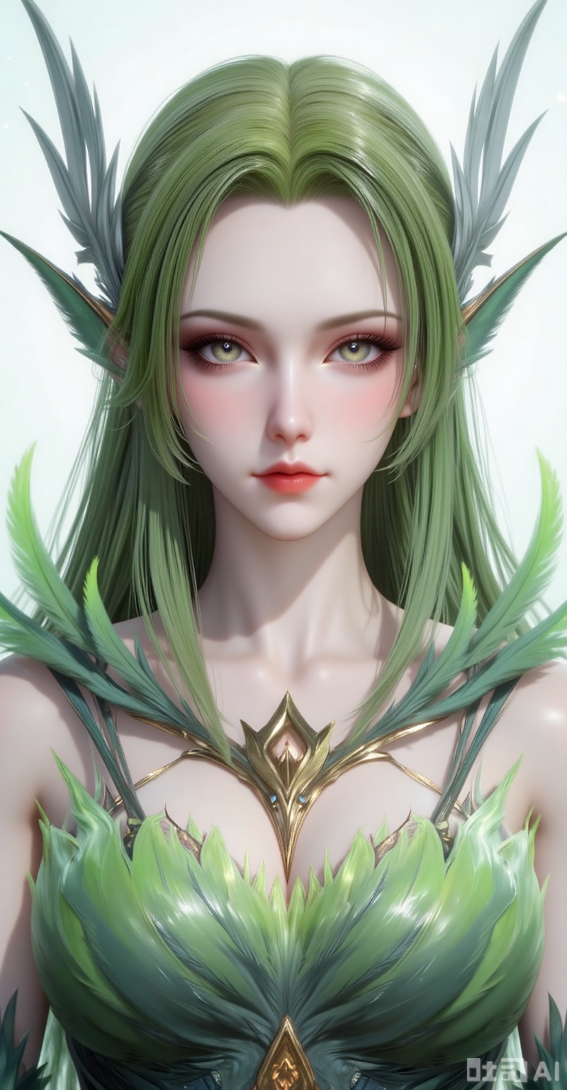 Best quality, masterpiece, 8k, 
1girl, solo, long hair, green hair, wings, green theme, green wings,
 white_background,simple background,
cover,gradient background,close-up details,outstanding style,adding a touch of dimension to your images without compromising details,close-up,(highres:1.2),colorful,
lvjing,guanghuapifu,pifu,biji