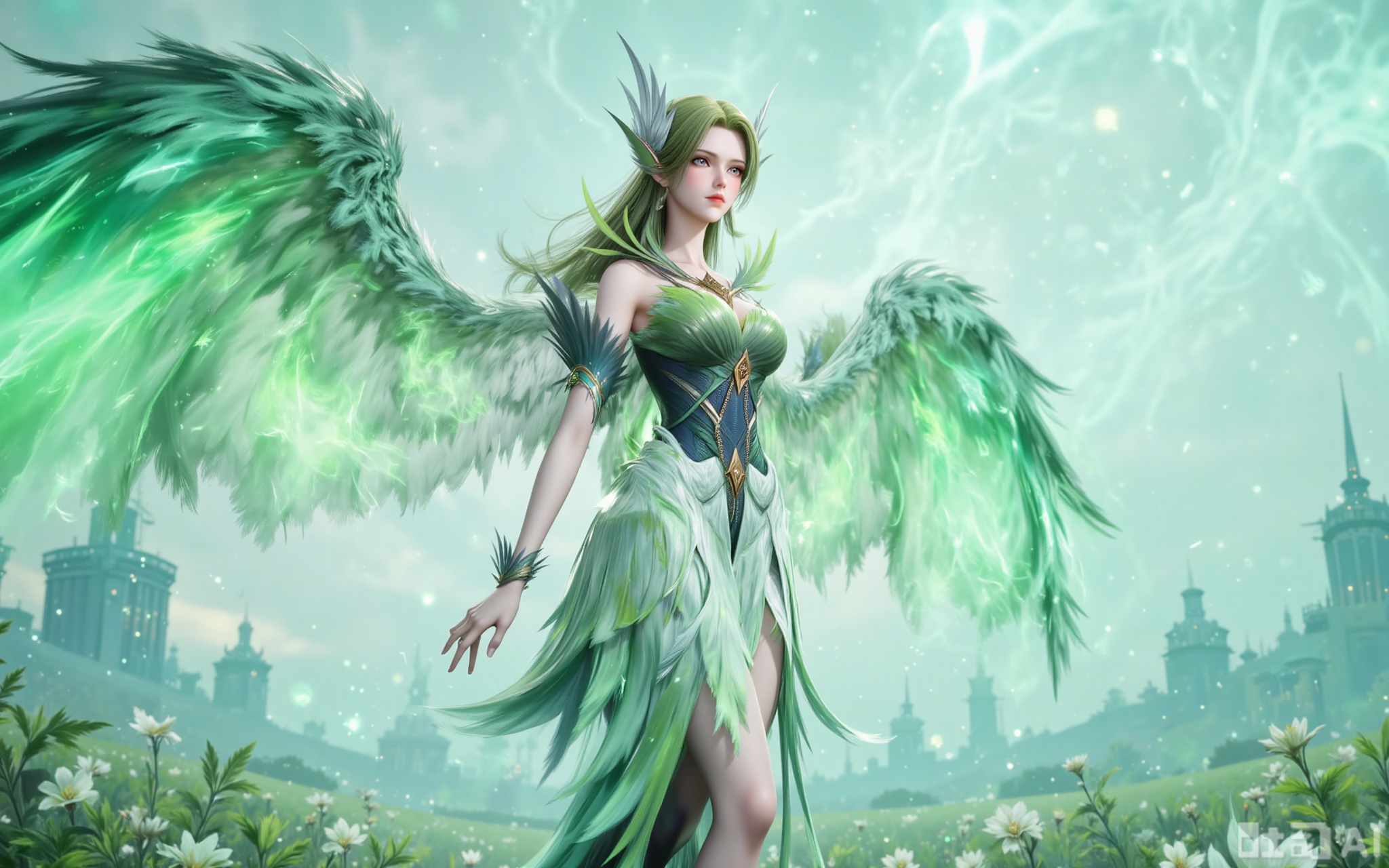 Best quality, masterpiece, 8k, 
A one-of-a-kind beauty, with green hair like a waterfall shining brightly, bright yellow eyes like brilliant stars, and skin radiating a soft and charming glow. Her figure was graceful and light, as if she were not bound by gravity. The pair of green wings on her back flapped slowly, and she soared in mid-air like an elf. She was dressed in a green dress swaying in the wind and wore delicate green boots, looking elegant and full of mysterious charm. The green glow emanating from her illuminated the surrounding air. Whether in the purity of a white background or the romance surrounded by flowers, she was like a fairy descending from the fairyland, making everything around her pale in comparison.

lvjing,guanghuapifu,pifu,biji