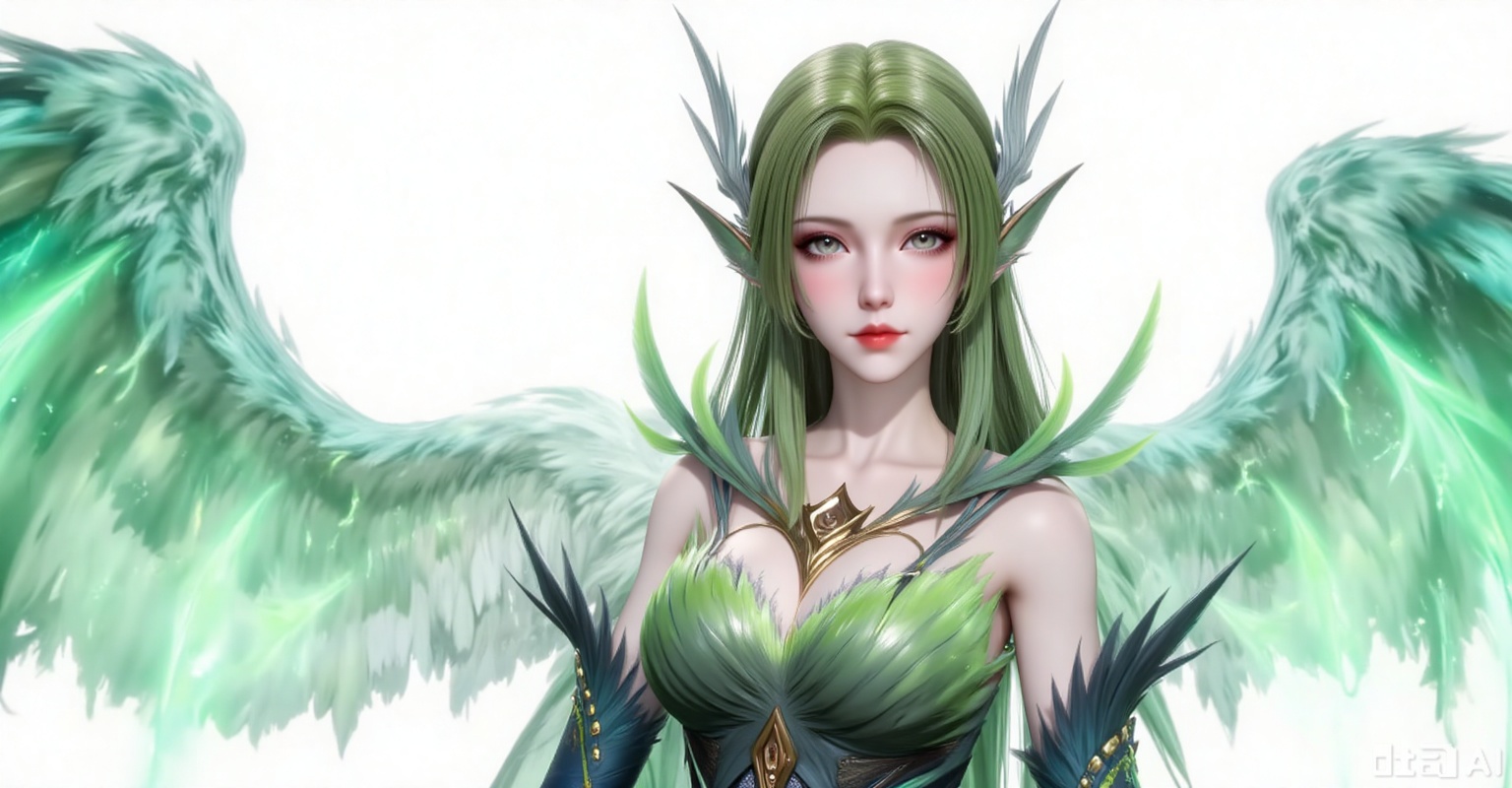 Best quality, masterpiece, 8k, 
1girl, solo, long hair, green hair, wings, green theme, green wings,
 white_background,simple background,
cover,gradient background,close-up details,outstanding style,adding a touch of dimension to your images without compromising details,close-up,(highres:1.2),colorful,
lvjing,guanghuapifu,pifu,biji