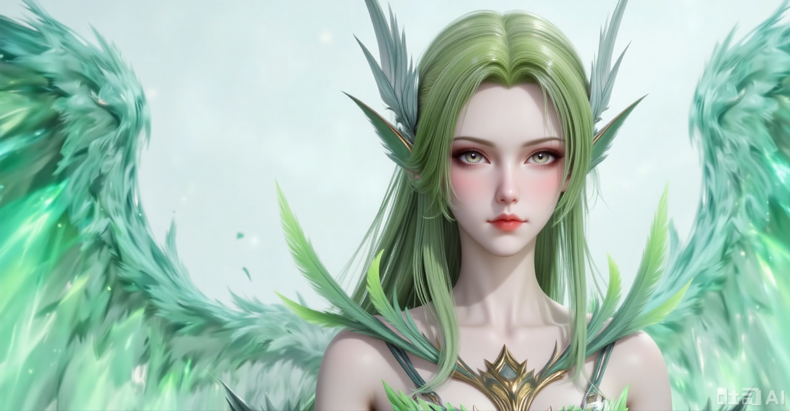 Best quality, masterpiece, 8k, 
1girl, solo, long hair, green hair, wings, green theme, green wings,
 white_background,simple background,
cover,gradient background,close-up details,outstanding style,adding a touch of dimension to your images without compromising details,close-up,(highres:1.2),colorful,
lvjing,guanghuapifu,pifu,biji