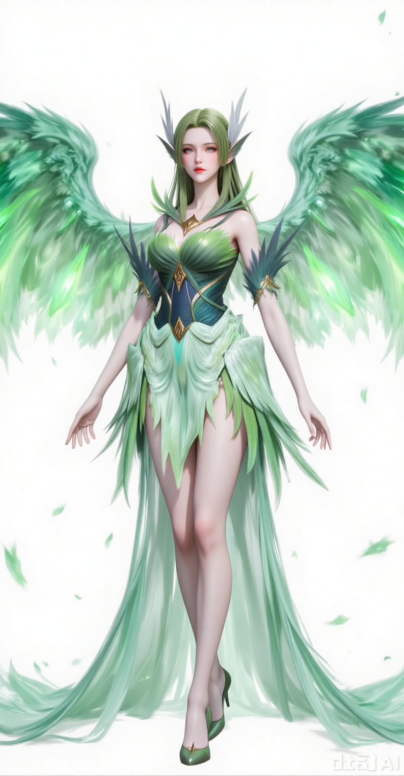 Best quality, masterpiece, 8k, 
1girl, solo, long hair, green hair, wings, green theme, green wings,
 white_background,simple background,
cover,gradient background,close-up details,outstanding style,adding a touch of dimension to your images without compromising details,close-up,(highres:1.2),colorful,
lvjing,guanghuapifu,pifu,biji