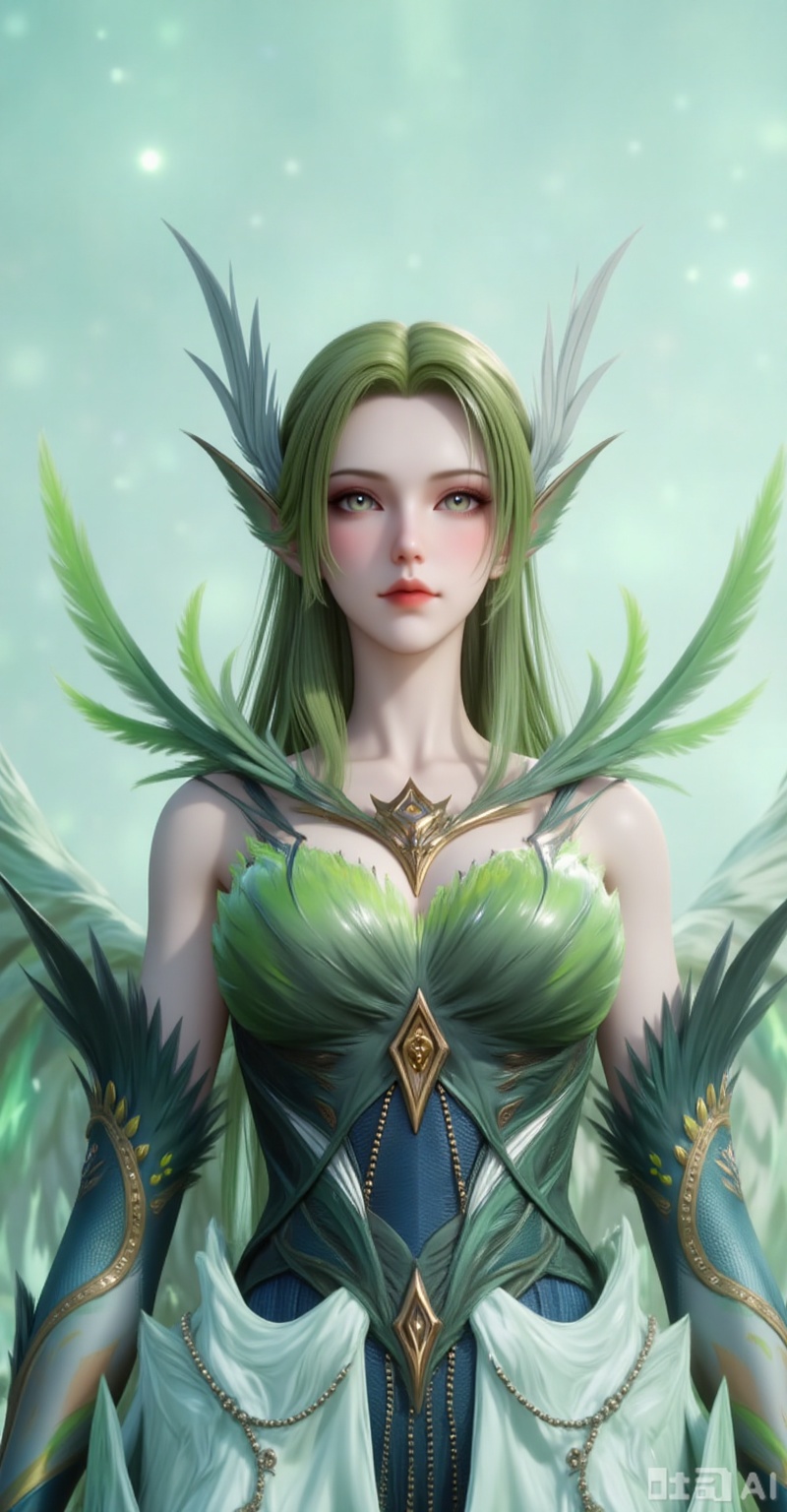 Best quality, masterpiece, 8k, 
1girl, solo, long hair, green hair, wings, green theme, green wings,
 white_background,simple background,
cover,gradient background,close-up details,outstanding style,adding a touch of dimension to your images without compromising details,close-up,(highres:1.2),colorful,
lvjing,guanghuapifu,pifu,biji