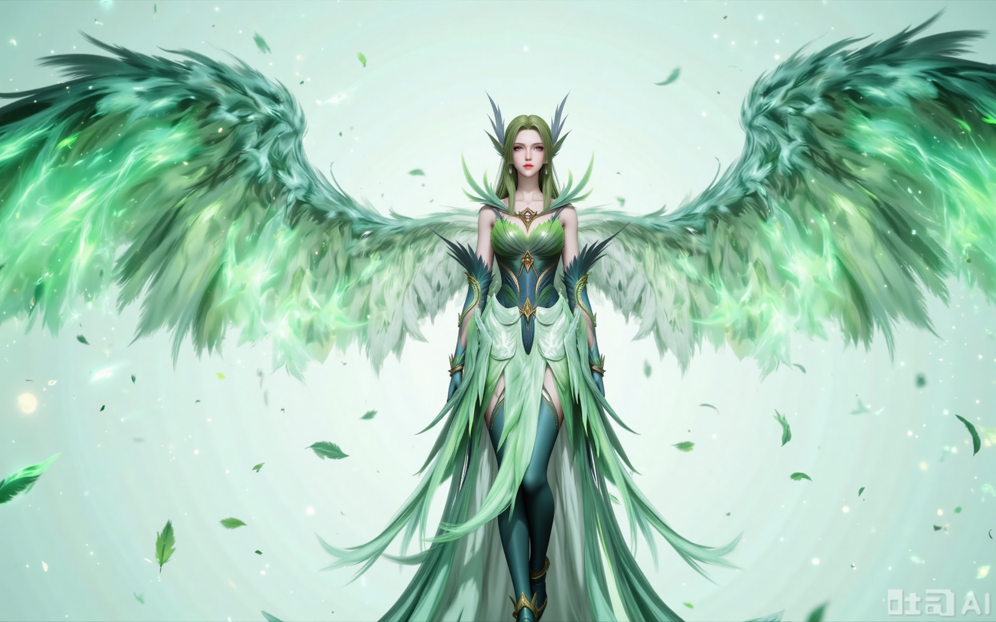 Best quality, masterpiece, 8k, 
A one-of-a-kind beauty, with green hair like a waterfall shining brightly, bright yellow eyes like brilliant stars, and skin radiating a soft and charming glow. Her figure was graceful and light, as if she were not bound by gravity. The pair of green wings on her back flapped slowly, and she soared in mid-air like an elf. She was dressed in a green dress swaying in the wind and wore delicate green boots, looking elegant and full of mysterious charm. The green glow emanating from her illuminated the surrounding air. Whether in the purity of a white background or the romance surrounded by flowers, she was like a fairy descending from the fairyland, making everything around her pale in comparison.

lvjing,guanghuapifu,pifu,biji