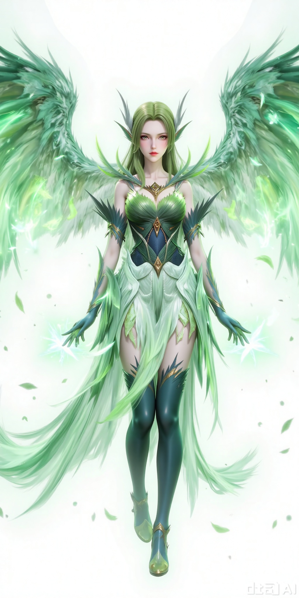 Best quality, masterpiece, 8k, 
A one-of-a-kind beauty, with green hair like a waterfall shining brightly, bright yellow eyes like brilliant stars, and skin radiating a soft and charming glow. Her figure was graceful and light, as if she were not bound by gravity. The pair of green wings on her back flapped slowly, and she soared in mid-air like an elf. She was dressed in a green dress swaying in the wind and wore delicate green boots, looking elegant and full of mysterious charm. The green glow emanating from her illuminated the surrounding air. Whether in the purity of a white background or the romance surrounded by flowers, she was like a fairy descending from the fairyland, making everything around her pale in comparison.

lvjing,guanghuapifu,pifu,biji