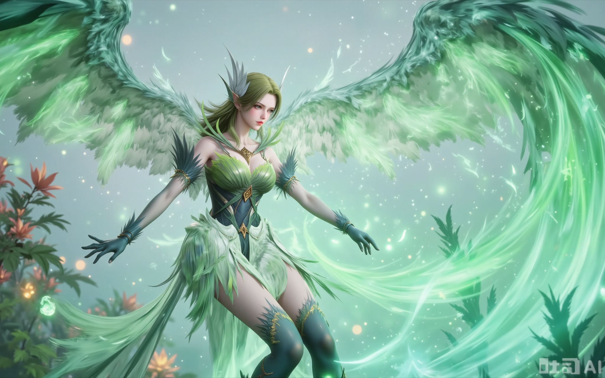 Best quality, masterpiece, 8k, 
A one-of-a-kind beauty, with green hair like a waterfall shining brightly, bright yellow eyes like brilliant stars, and skin radiating a soft and charming glow. Her figure was graceful and light, as if she were not bound by gravity. The pair of green wings on her back flapped slowly, and she soared in mid-air like an elf. She was dressed in a green dress swaying in the wind and wore delicate green boots, looking elegant and full of mysterious charm. The green glow emanating from her illuminated the surrounding air. Whether in the purity of a white background or the romance surrounded by flowers, she was like a fairy descending from the fairyland, making everything around her pale in comparison.

lvjing,guanghuapifu,pifu,biji