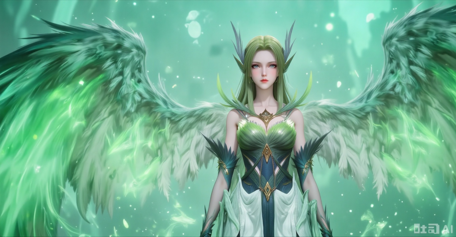 Best quality, masterpiece, 8k, 
1girl, solo, long hair, green hair, wings, green theme, green wings,flowers,
 burry_background,simple background,
cover,gradient background,close-up details,outstanding style,adding a touch of dimension to your images without compromising details,close-up,(highres:1.2),colorful,
lvjing,guanghuapifu,pifu,biji