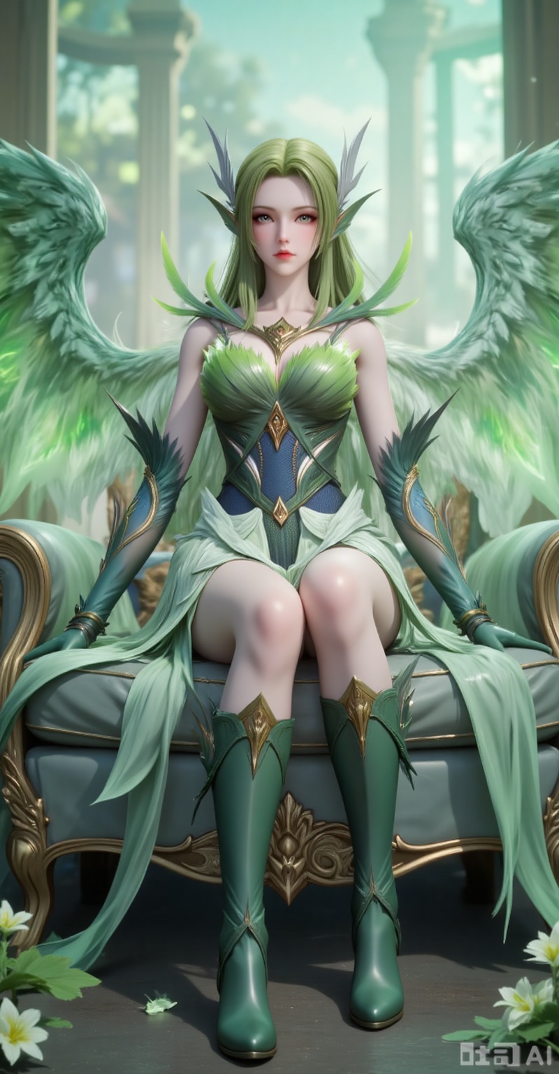 Best quality, masterpiece, 8k, 
1girl, solo, long hair, green hair, wings, green theme, green wings,legs,long legs,boots,knee_boots,sitting,sofa,flowers,
burry_background,simple background,
cover,gradient background,close-up details,outstanding style,adding a touch of dimension to your images without compromising details,close-up,(highres:1.2),colorful,
lvjing,guanghuapifu,pifu,biji
