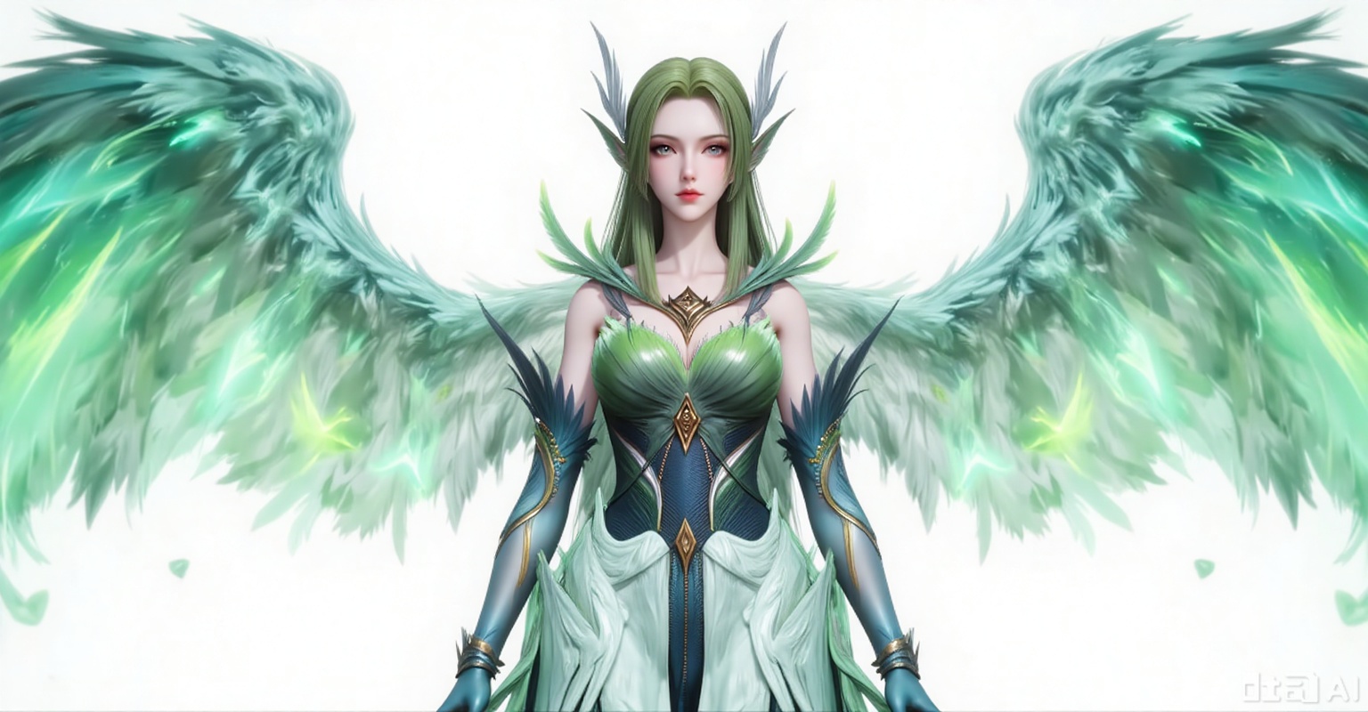 Best quality, masterpiece, 8k, 
1girl, solo, long hair, green hair, wings, green theme, green wings,
 white_background,simple background,
cover,gradient background,close-up details,outstanding style,adding a touch of dimension to your images without compromising details,close-up,(highres:1.2),colorful,
lvjing,guanghuapifu,pifu,biji