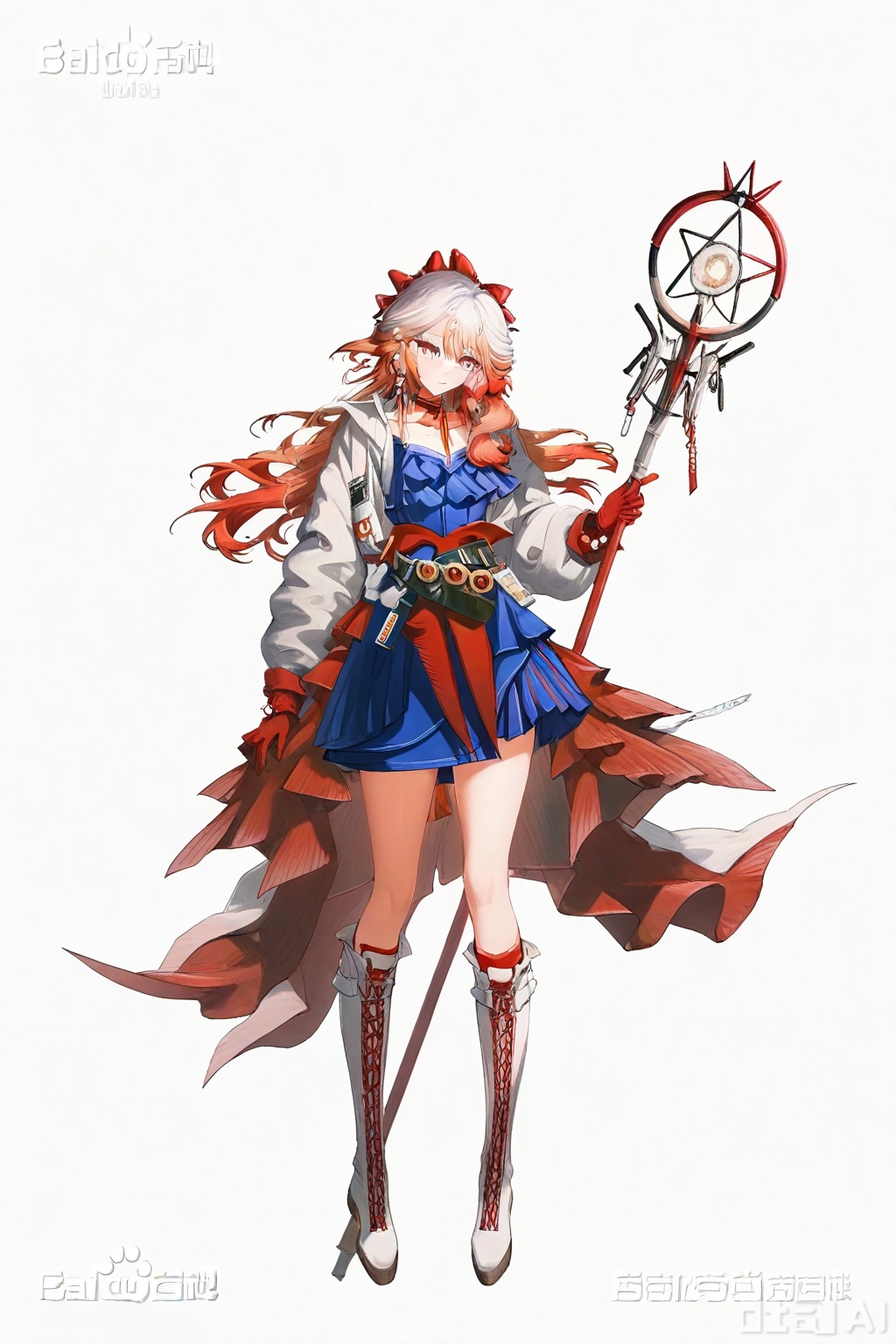 masterpiece, best quality,solo,((white background:1.2)),simple background,
looking at viewer,Haruka(arknights),long hair,bangs,red eyes,pink eyes,hair between eyes,white hair,multicolored hair,gradient hair,red hair,pink hair,gradient hair,orange hair
Hanyu_Momoka_idol_ver,gloves, long sleeves, dress, bow,jewelry, jacket,hair bow,earrings, boots,open clothes,choker,puffy sleeves, blue dress, short dress, white footwear, white jacket, knee boots, staff, red gloves,cross-laced footwear,holding staff, wand
