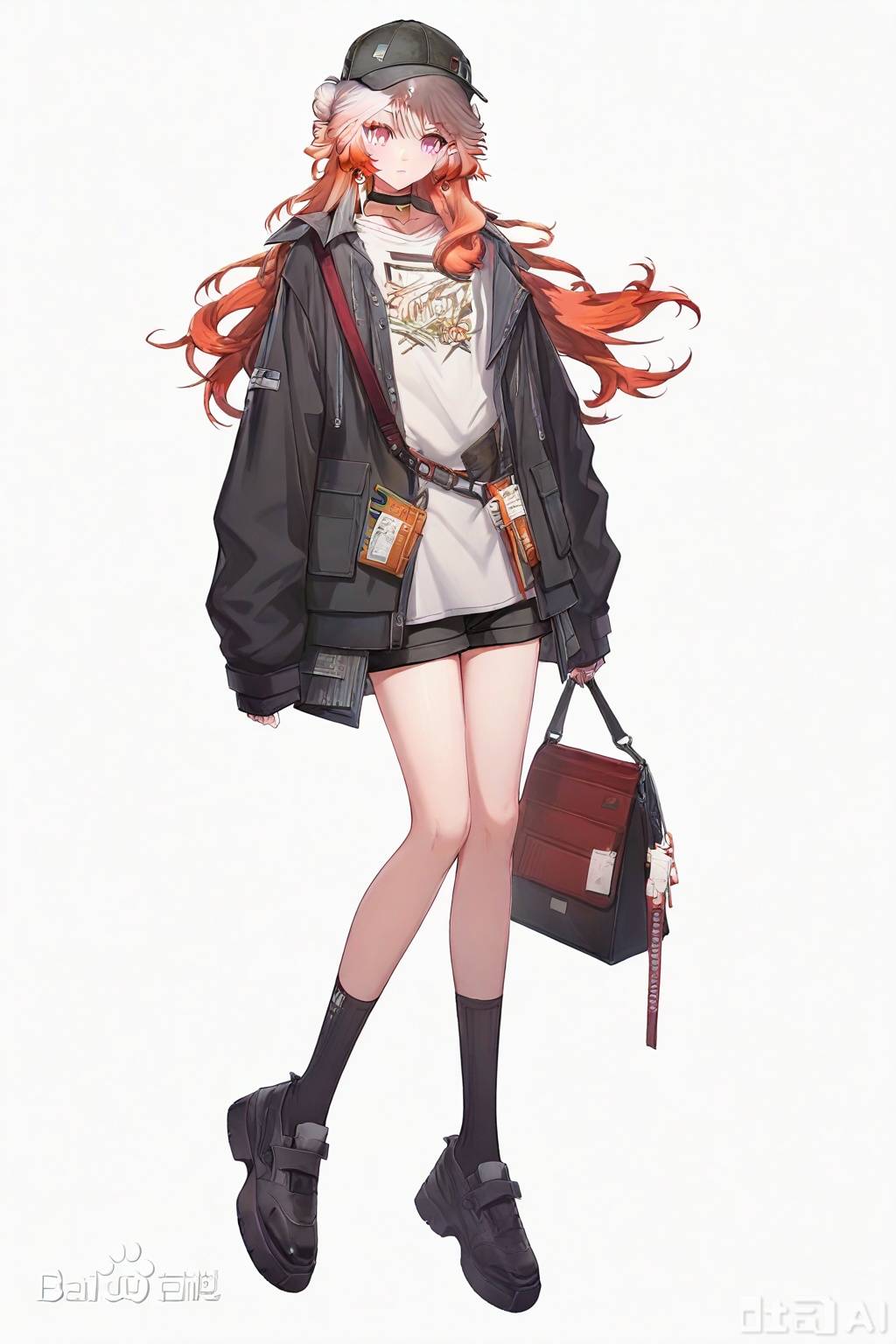 masterpiece, best quality,solo,((white background:1.2)),simple background,
looking at viewer,Haruka(arknights),long hair,bangs,red eyes,pink eyes,hair between eyes,white hair,multicolored hair,gradient hair,red hair,pink hair,gradient hair,orange hair
Murasakino_Haruka_normal_ver,shirt,long sleeves, hat, jacket,white shirt,open clothes, shoes, shorts, choker, socks,bag, hair bun, black footwear, black jacket, black headwear, black choker, black socks, baseball cap
