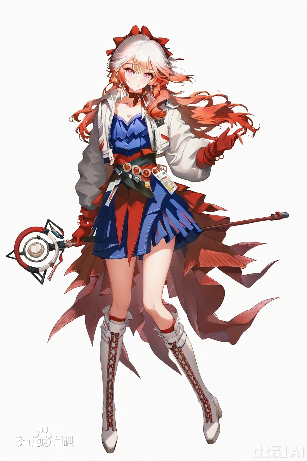 masterpiece, best quality,solo,((white background:1.2)),simple background,
looking at viewer,Haruka(arknights),long hair,bangs,red eyes,pink eyes,hair between eyes,white hair,multicolored hair,gradient hair,red hair,pink hair,gradient hair,orange hair
Hanyu_Momoka_idol_ver,gloves, long sleeves, dress, bow,jewelry, jacket,hair bow,earrings, boots,open clothes,choker,puffy sleeves, blue dress, short dress, white footwear, white jacket, knee boots, staff, red gloves,cross-laced footwear,holding staff, wand
