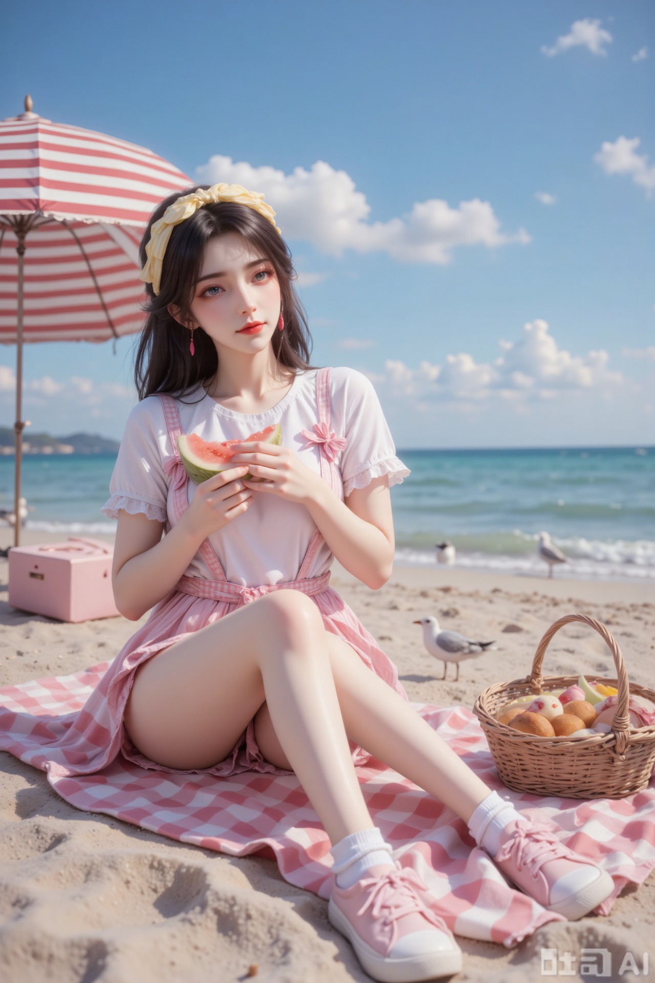 The girl in the picture is like a piece of sweet candy on the summer beach. She has short black bob hair with bangs, which is neat and refreshing, and the ends of the hair are slightly curled, adding a bit of playfulness. A yellow gingham hairband is tied on her head, and the two ends of the hairband are tied into small bows, which is lively and lovely. She wears a pair of pink frame sunglasses on her head, and the lenses are reflective, adding a touch of fashion. Her makeup is sweet and delicate. The skin is fair and clear, with a layer of pearlescent highlighter on the cheekbones, which shines under the sun; The eye shadow is a pink peach color, smudged naturally to make her eyes look soft and charming; The lips are coated with a layer of strawberry red lipstick, which is full and bright, exuding a sweet and lively temperament. Her clothing is sweet and comfortable. She wears a pink and white striped short-sleeved dress, the fabric is cotton and soft, and the skirt is decorated with small flower patterns. The neckline is a round neck with a small bow, and the cuffs are ruffled, which is cute and elegant. She wears a pair of white socks with lace edges on her feet, and a pair of pink canvas shoes with a small bow on the toe. She is sitting on a checkered picnic mat, with a basket of fruits and pastries beside her. She holds a piece of watermelon in her right hand and is about to take a bite. She looks up at the sky with a smile, and her eyes are full of happiness and satisfaction. The background is a lively beach picnic scene. A big red and white striped umbrella is set up beside the picnic mat, casting a cool shadow. The blue sky is dotted with white clouds, and the sun is shining warmly. There are several seagulls standing on the beach not far away, looking at the food on the mat curiously. The waves are gently lapping the shore, making a pleasant sound. The whole scene is filled with the sweetness and leisure of summer, making people feel the warmth and happiness of the beach picnic.​