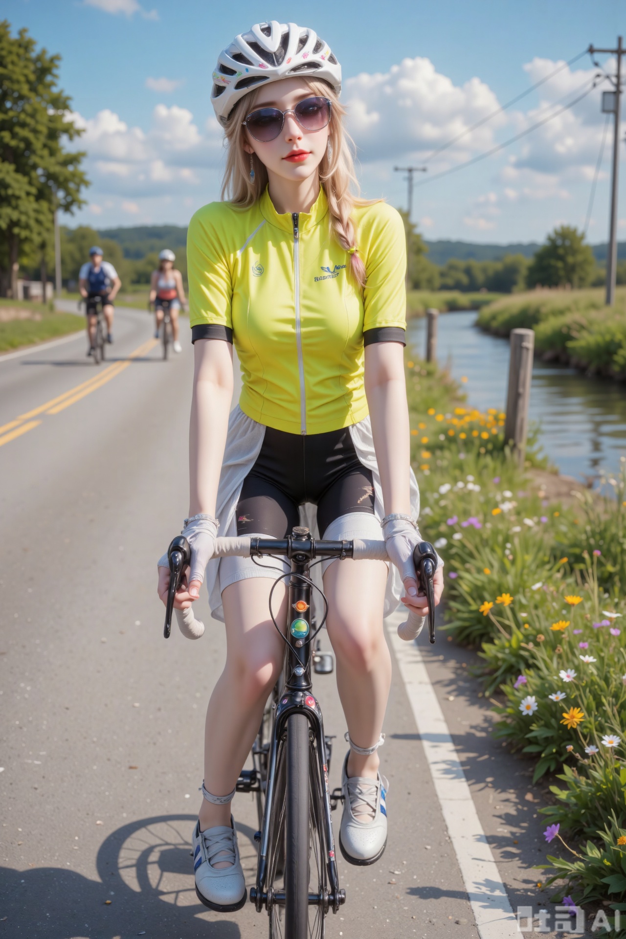 The girl in the picture is like a flying swallow on the summer country road. She has short blonde hair with a slightly wavy texture, which is fluffy and lively, with a small braid woven on one side, adding a cute and playful touch. A white cycling helmet is worn on her head, with colorful patterns painted on the surface, which is both safe and fashionable. A pair of black cycling sunglasses is pushed up on her forehead, with photochromic lenses that adjust to light changes. Her makeup is light and fresh. The skin is protected with waterproof sunscreen, showing a natural healthy glow; The eye shadow is a shimmery beige, making her eyes look bright and energetic; The lips are coated with a moisturizing tinted lip balm in pink, which is refreshing and not sticky. Her clothing is designed for outdoor comfort and style. She wears a tight-fitting fluorescent yellow cycling jersey with short sleeves and a stand-up collar, made of quick-drying fabric with mesh panels under the arms for breathability. She pairs it with high-waisted black cycling shorts with a padded seat, covered by a loose white linen overskirt that is tied at the sides, adding a casual flair when not riding. Fingerless cycling gloves in gray are worn on her hands, with silicone pads for a better grip on the handlebars. She wears a pair of professional cycling shoes in white and blue, with a lightweight design that clips onto the pedals. She is riding a vintage-style road bike, leaning slightly forward, hands gripping the handlebars firmly, legs pedaling rhythmically. Her hair flutters in the wind, and she looks ahead with a smile, eyes full of freedom and joy. The background is a beautiful country road scene. The road is lined with green trees and colorful wildflowers, and the air is filled with the fragrance of grass and soil. A clear river flows beside the road, reflecting the blue sky and white clouds. A few other cyclists pass by occasionally, nodding and greeting each other. The summer sun shines warmly, and the wind carries the sound of birds chirping. The whole scene is filled with the fresh and free atmosphere of summer, making people feel the pleasure and vitality of outdoor cycling.​
