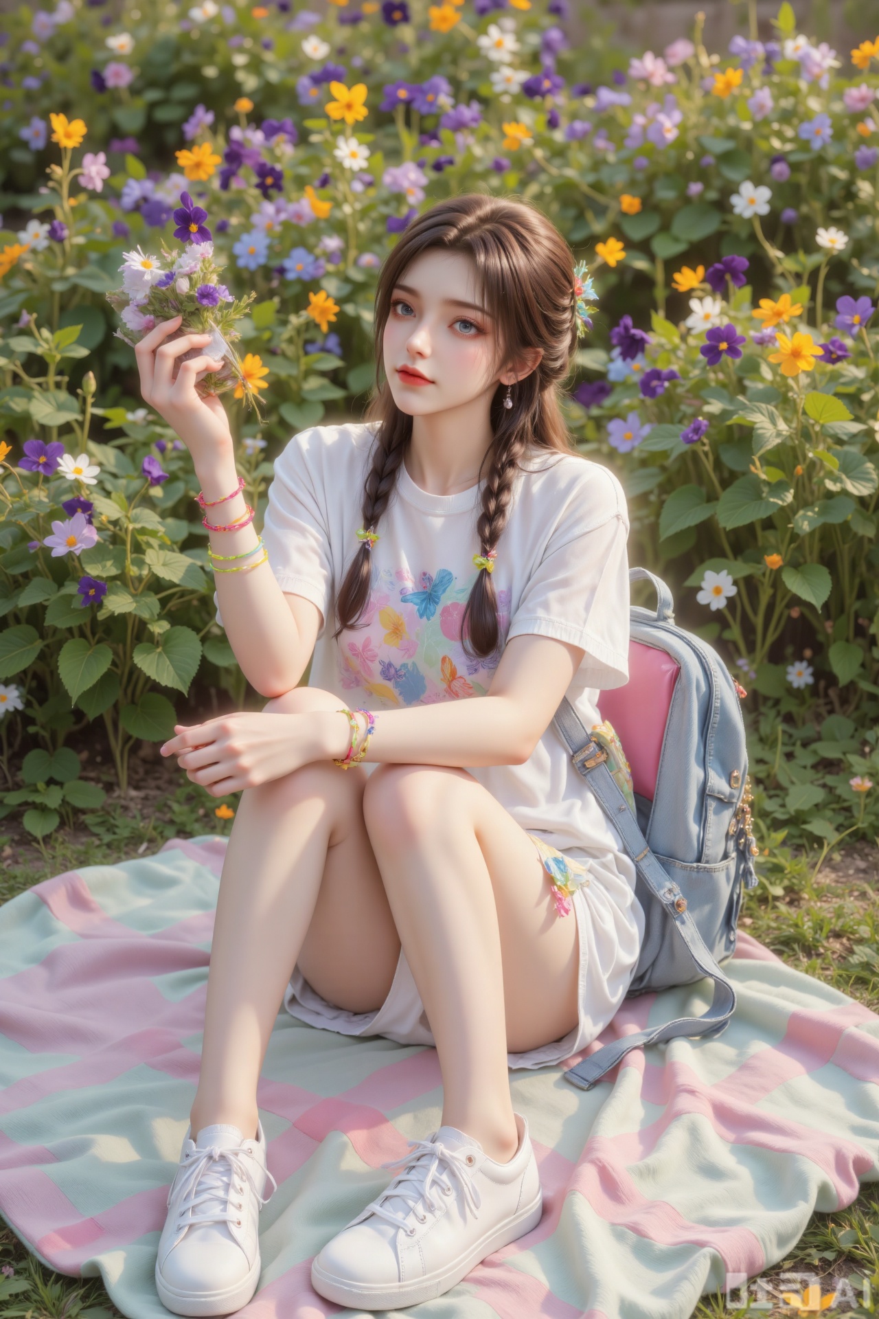 A young girl in a white oversized T-shirt dress with colorful patchwork details sits cross-legged on a checkered blanket in a field of pansies on a sunny afternoon. The dress falls to her knees, paired with white high-top sneakers and a denim backpack slung over one shoulder. Her hair is styled in two messy braids with colorful hair ties, a few pansy flowers woven into the braids, and a pansy-shaped hairpin in her hair. She holds a handful of pansies in her left hand, arranging them into a small bouquet, while her right hand holds a polaroid camera, ready to capture the vibrant scene. Her face is lit up with a bright smile as sunlight shines on the pansies, which come in shades of purple, yellow, orange, and blue, creating a colorful carpet around her. The air is filled with the fresh, slightly sweet scent of pansies and warm grass, while butterflies flit between the flowers and a breeze carries the sound of distant laughter. Modern touches like her neon-colored wristbands and the camera’s retro-modern design add a playful vibe to the charming scene.​