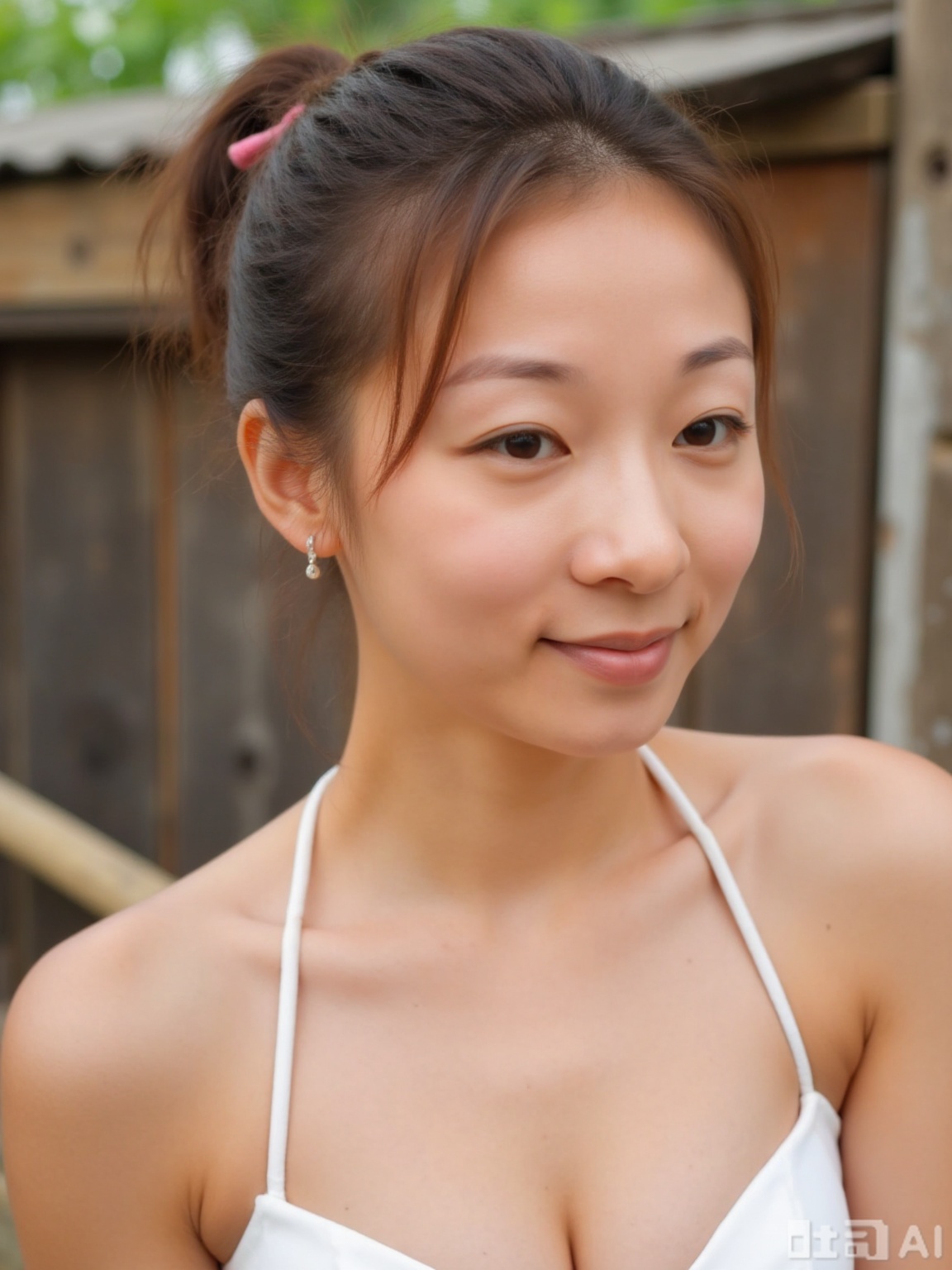 The image shows a young woman with light brown hair styled in a loose bun, wearing a white bikini top. She is standing outdoors, with a wooden structure and some greenery visible in the background. The lighting is natural, suggesting it might be taken during the day. The focus is on her upper body, highlighting her features and the texture of her skin.