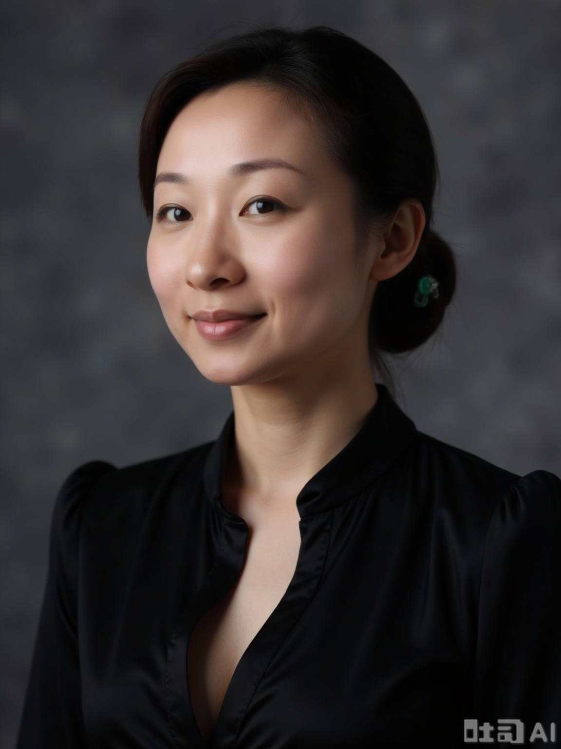 Close-up upper portrait of a graceful Chinese lady in a tailored black silk blouse with a V-neck, the collar opening gently to show a hint of cleavage. Her hair is pulled back in a low bun, a jade hairpin peeking out. The fabric of the blouse has a subtle sheen, catching the light on the slope of her shoulders. She tilts her head slightly, lips curving in a faint smile, eyes soft and focused. Background is a blurred gray, emphasizing the contrast between the black blouse and her fair skin. Fashion editorial style, FLUX, hyper-detailed.