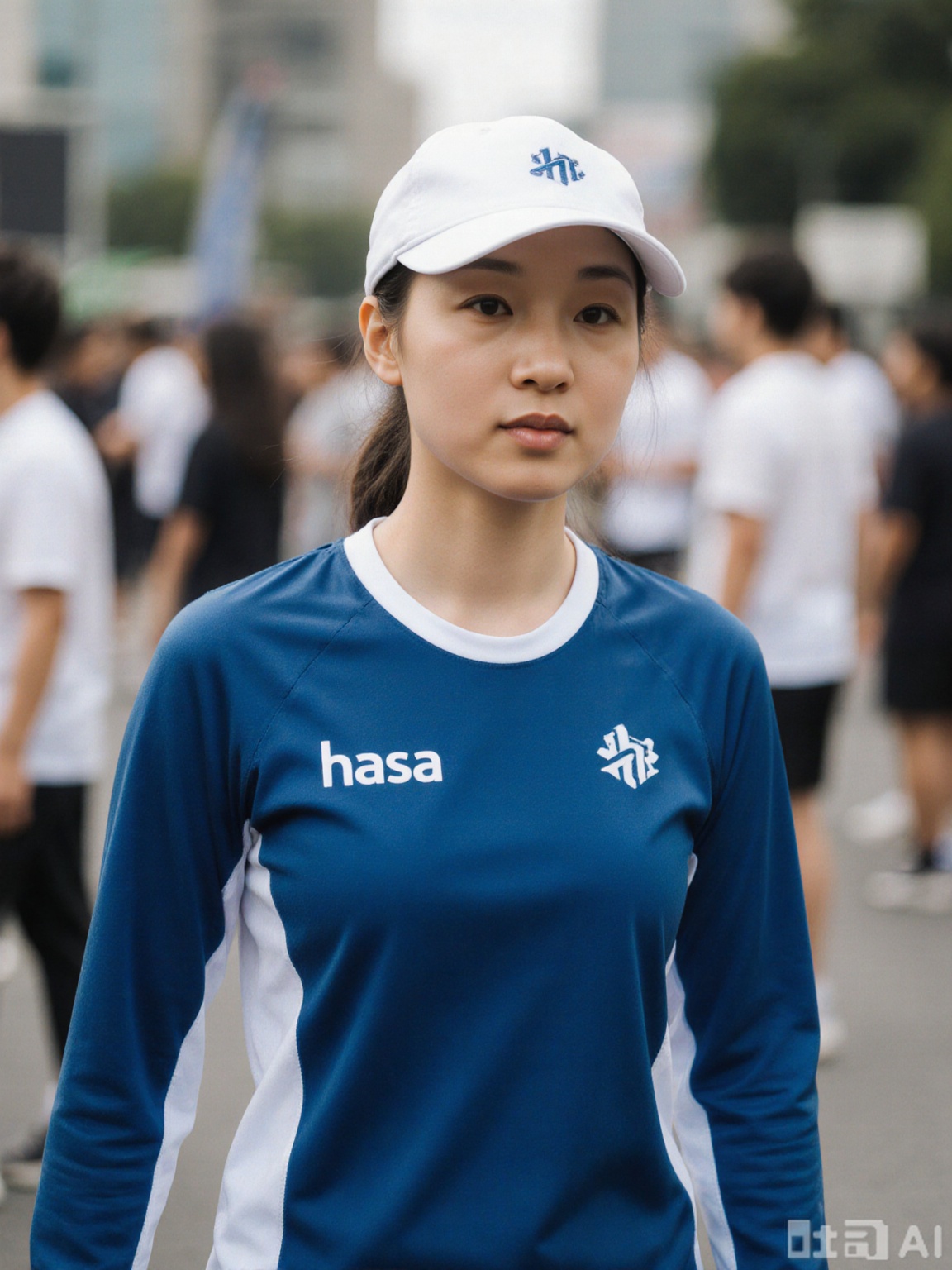 The image shows a woman wearing a white cap and a blue sports top with white trim. The top has the word "hasa" printed on it, along with a logo. The background is slightly blurred, featuring other people dressed in casual or athletic attire, suggesting a public or outdoor event. The overall setting appears to be vibrant and active.
