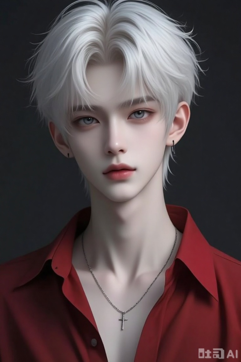 this is a highly detailed, digital cgi portrait of a young, androgynous person with pale skin and striking white, slightly tousled hair, they have soft, delicate facial features with light pink lips and subtle, feminine makeup, their eyes are a pale, almost grayish blue, they are wearing a deep red, slightly open-collared shirt that contrasts with their pale complexion, a thin, silver chain necklace with a simple cross pendant hangs around their neck, a small black earring is visible in their left ear, the background is a solid, dark gray, which makes the subject stand out prominently, the overall style is realistic with a slightly ethereal, almost fantasy-like quality