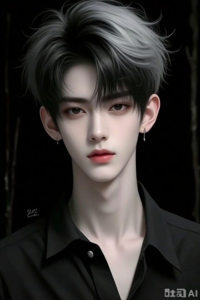 this is a digital portrait of a young, androgynous individual with pale skin and striking black and gray, tousled hair, the person has a slender neck and a delicate, symmetrical face with soft, pink lips and dark, almond-shaped eyes that give a slightly melancholic expression, they are wearing a black, button-up shirt with a small, silver button near the collar, a small, silver earring is visible in their right ear, the background is dark and indistinct, with faint, vertical lines that add a subtle texture, the overall style is realistic with a slightly moody, ethereal quality, the artists watermark, slee mo, is in the bottom left corner