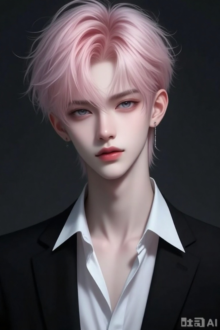 this is a digital artwork of a young, androgynous person with pale, almost porcelain skin and striking, pastel pink, tousled hair, they have delicate, angular features with light blue eyes and slightly parted lips, the individual is wearing a black suit jacket over a white dress shirt, with the collar slightly open, a small, silver earring dangles from their left ear, the background is a dark, gradient shade, which contrasts with the subjects light hair and skin, the artwork has a realistic, yet slightly stylized, anime-inspired aesthetic, with smooth textures and subtle lighting that highlights the subjects face and hair