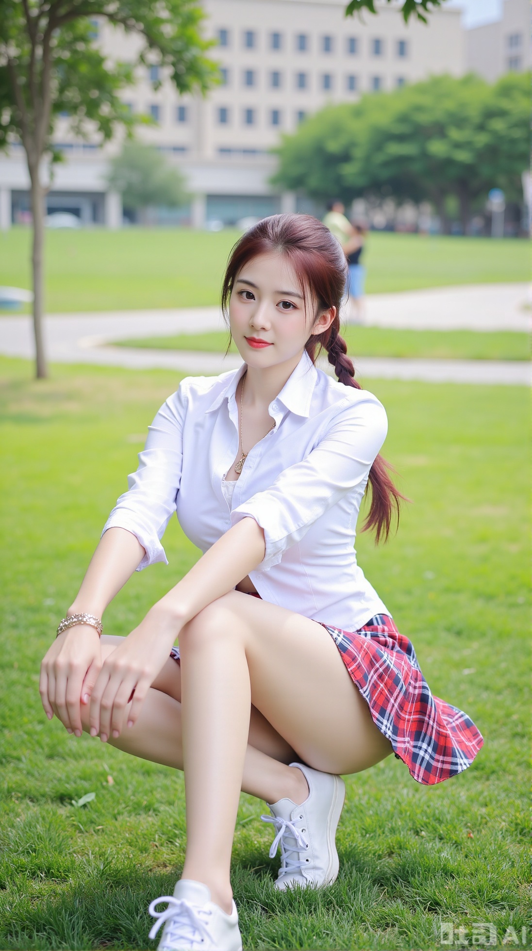 (masterpiece,best quality:1.23),schoolgirl character, jk style outfit, kneeling pose, braided hair, simple white blouse, elegant plaid skirt with lace trim, pristine white sports shoes, elegant pendant, delicate chain bracelet, beautifully long legs, defined waist, on a manicured lawn, grand university building in distance, atmospheric light, depth of field, vivid colors,(huge breasts, full breasts:2.99),,Xaili2,XyunxiaoYH5,XlinziyueXZ,XtuliH,Xbigbreasts,XMedusaQueen,Xnanhangzhifu,Xjkgeziqun,Xbingbing