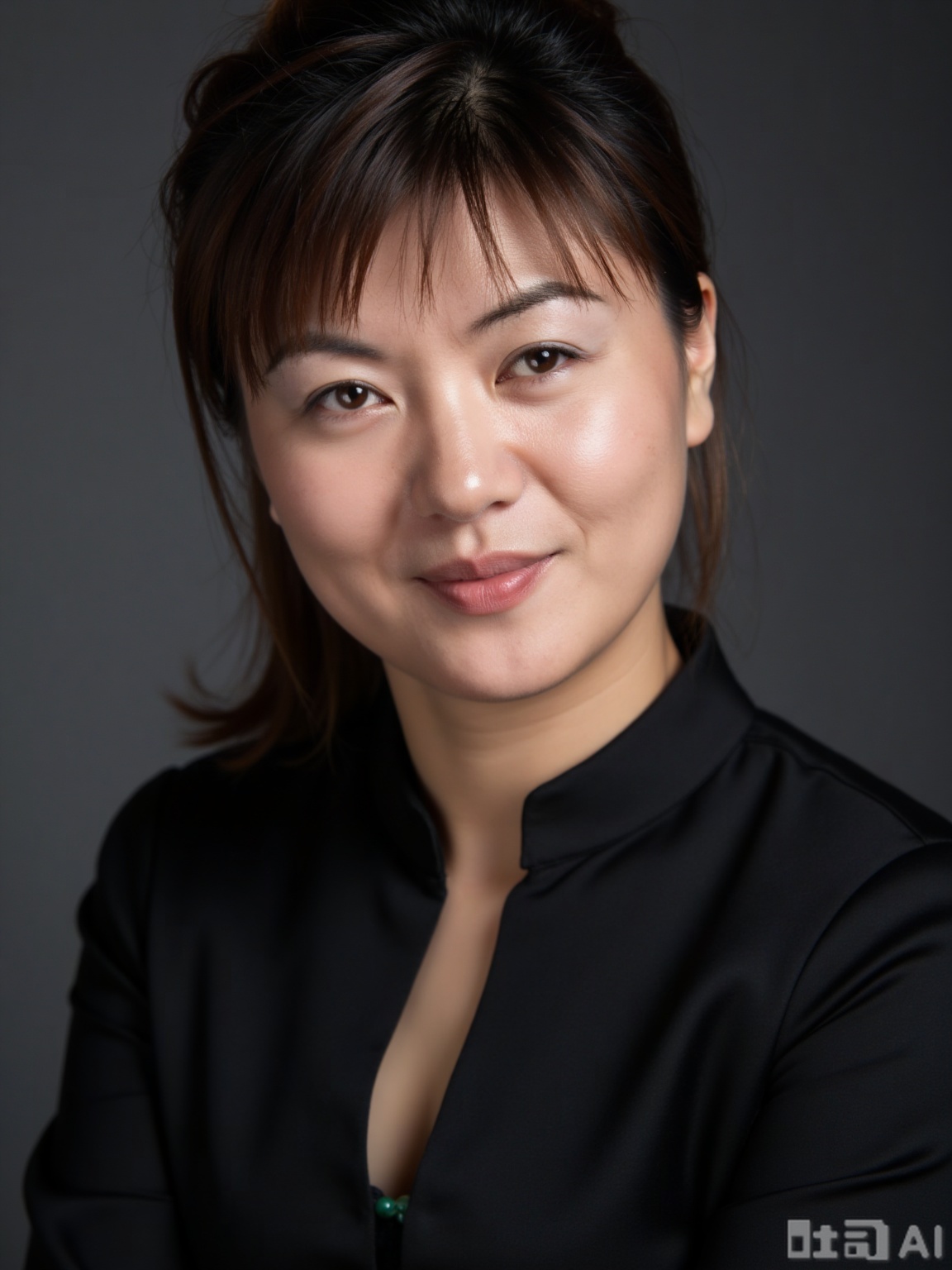Close-up upper portrait of a graceful Chinese lady in a tailored black silk blouse with a V-neck, the collar opening gently to show a hint of cleavage. Her hair is pulled back in a low bun, a jade hairpin peeking out. The fabric of the blouse has a subtle sheen, catching the light on the slope of her shoulders. She tilts her head slightly, lips curving in a faint smile, eyes soft and focused. Background is a blurred gray, emphasizing the contrast between the black blouse and her fair skin. Fashion editorial style, FLUX, hyper-detailed.
