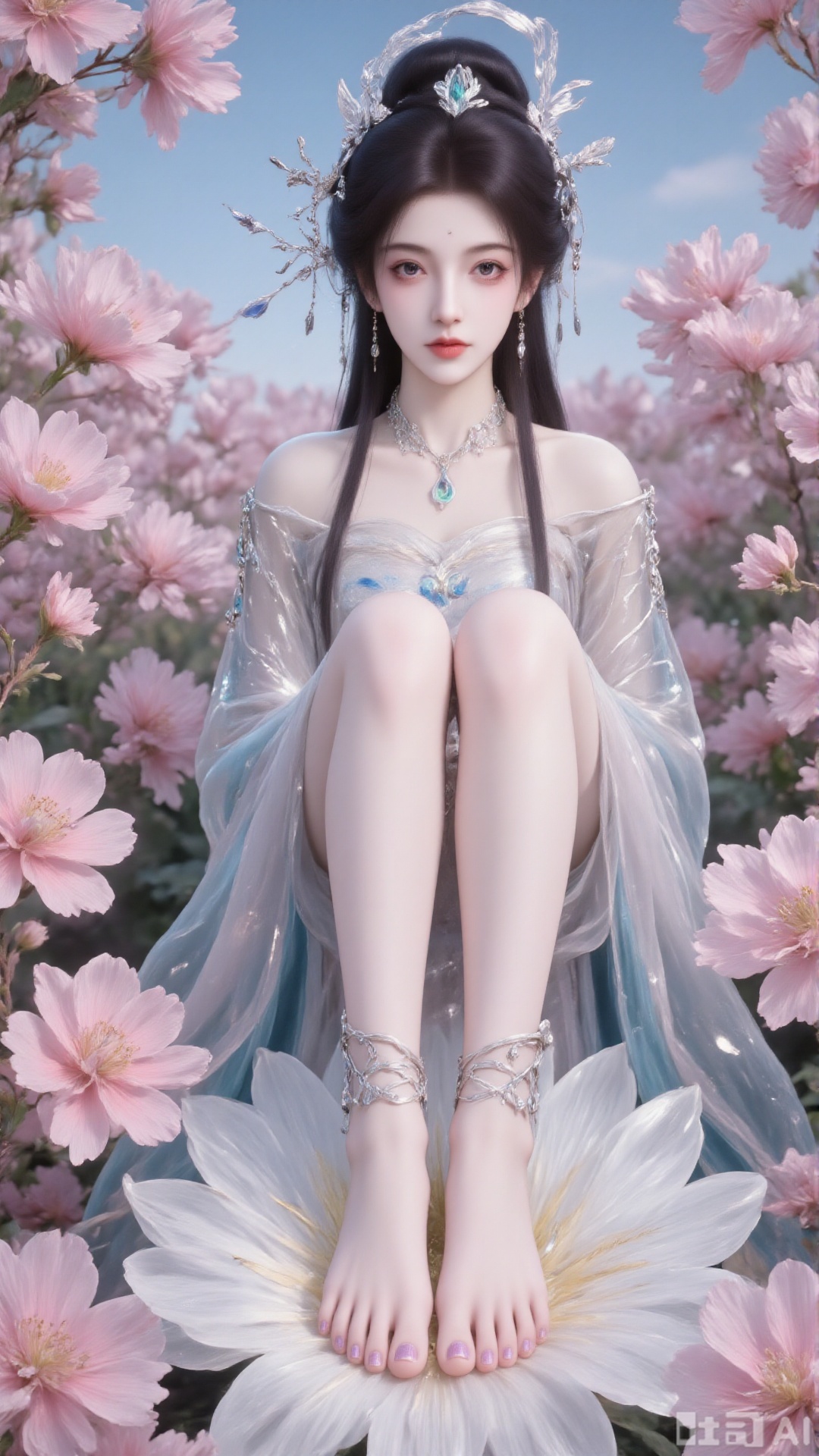A woman with dark brown hair and a blue hat on her head, wearing a silver necklace and earrings. Her hair draped over her shoulders added a touch of beauty to her outfit, she sat barefoot on a large white flower with decorations on her feet and purple nail polish on her toes and thick pink flowers on the background, creating a rich and textured background. In the middle of the painting, a beautiful Chinese woman stands among pink flowers, making her look like part of a garden full of flowers. Her skin is fair, with delicate black details, soft and flowing hair, carefully combed to complex hair accessories, with gorgeous details. She is in a bright garden with bright flowers, blue sky and deep and rich tones.