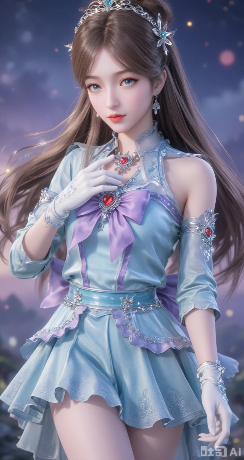 baoshi,lvjing,brown hair,long hair,blue eyes,fair_skin,jewelry,hair_ornament,earrings,1girl,sailor senshi uniform,solo,jewelry,skirt,gloves,earrings,blue skirt,white gloves,sailor collar,bow,breasts,choker,elbow gloves,magical girl,back bow,covered navel,heart,pleated skirt,looking at viewer,brooch,purple bow,heart brooch,red choker,circlet,miniskirt,closed mouth,large breasts,collarbone,red gemstone,tiara,cowboy shot,simple background,gradient background,close-up details,outstanding style,adding a touch of dimension to your images without compromising details,close-up,
