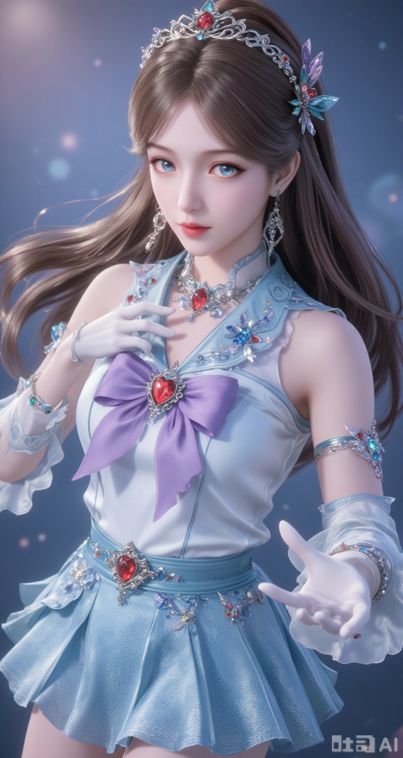baoshi,lvjing,brown hair,long hair,blue eyes,fair_skin,jewelry,hair_ornament,earrings,1girl,sailor senshi uniform,solo,jewelry,skirt,gloves,earrings,blue skirt,white gloves,sailor collar,bow,breasts,choker,elbow gloves,magical girl,back bow,covered navel,heart,pleated skirt,looking at viewer,brooch,purple bow,heart brooch,red choker,circlet,miniskirt,closed mouth,large breasts,collarbone,red gemstone,tiara,cowboy shot,simple background,gradient background,close-up details,outstanding style,adding a touch of dimension to your images without compromising details,close-up,