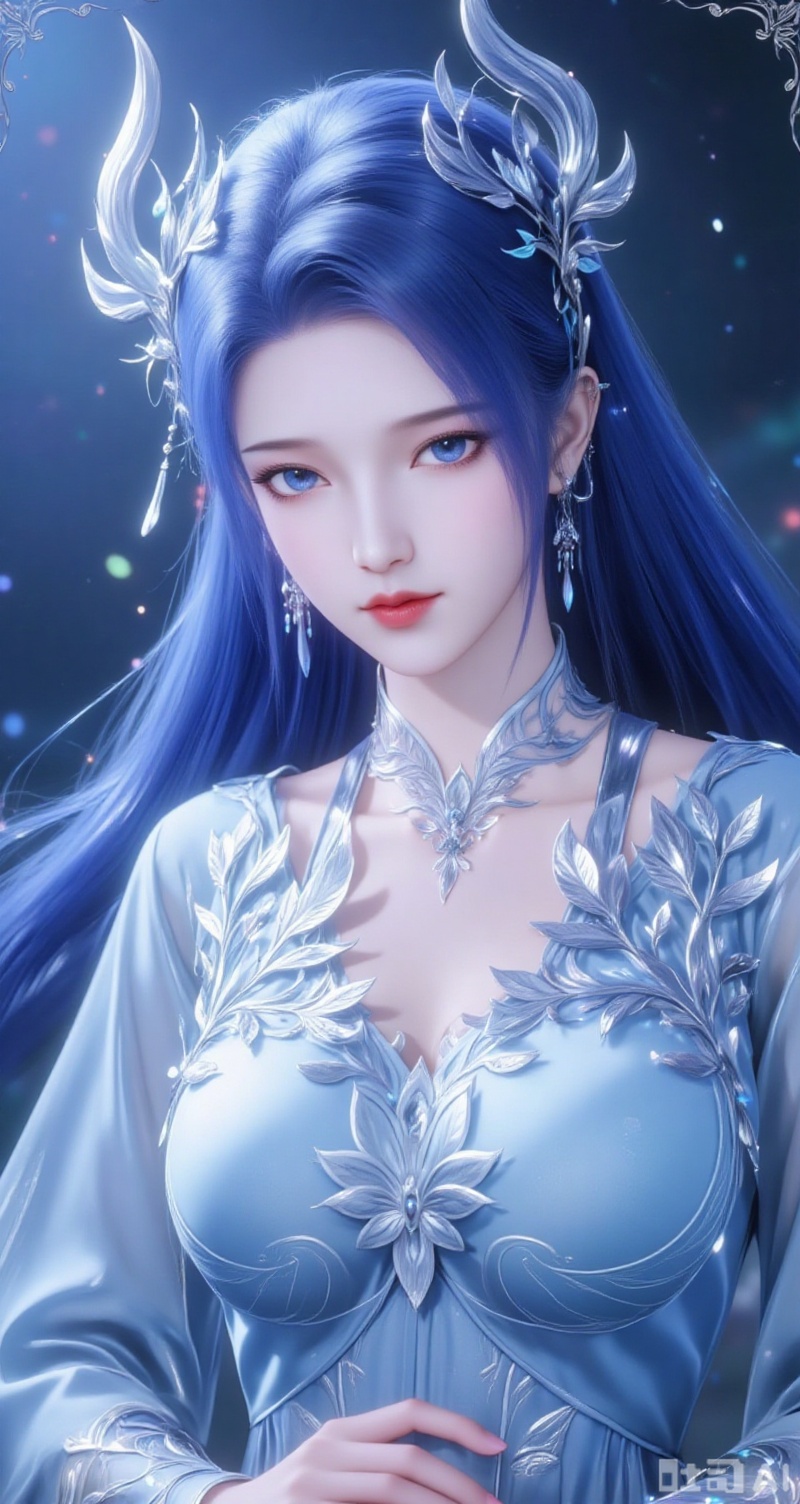 baoshi,lvjing,ayin,long hair,blue eyes,hair ornament,jewelry,blue hair,1girl,solo,earrings,jewelry,looking at viewer,breasts,tarot,collarbone,upper body,dress,closed mouth,card \(medium\),tarot \(medium\),frills,border,15,cover,simple background,gradient background,close-up details,outstanding style,(baoshi),adding a touch of dimension to your images without compromising details,close-up,