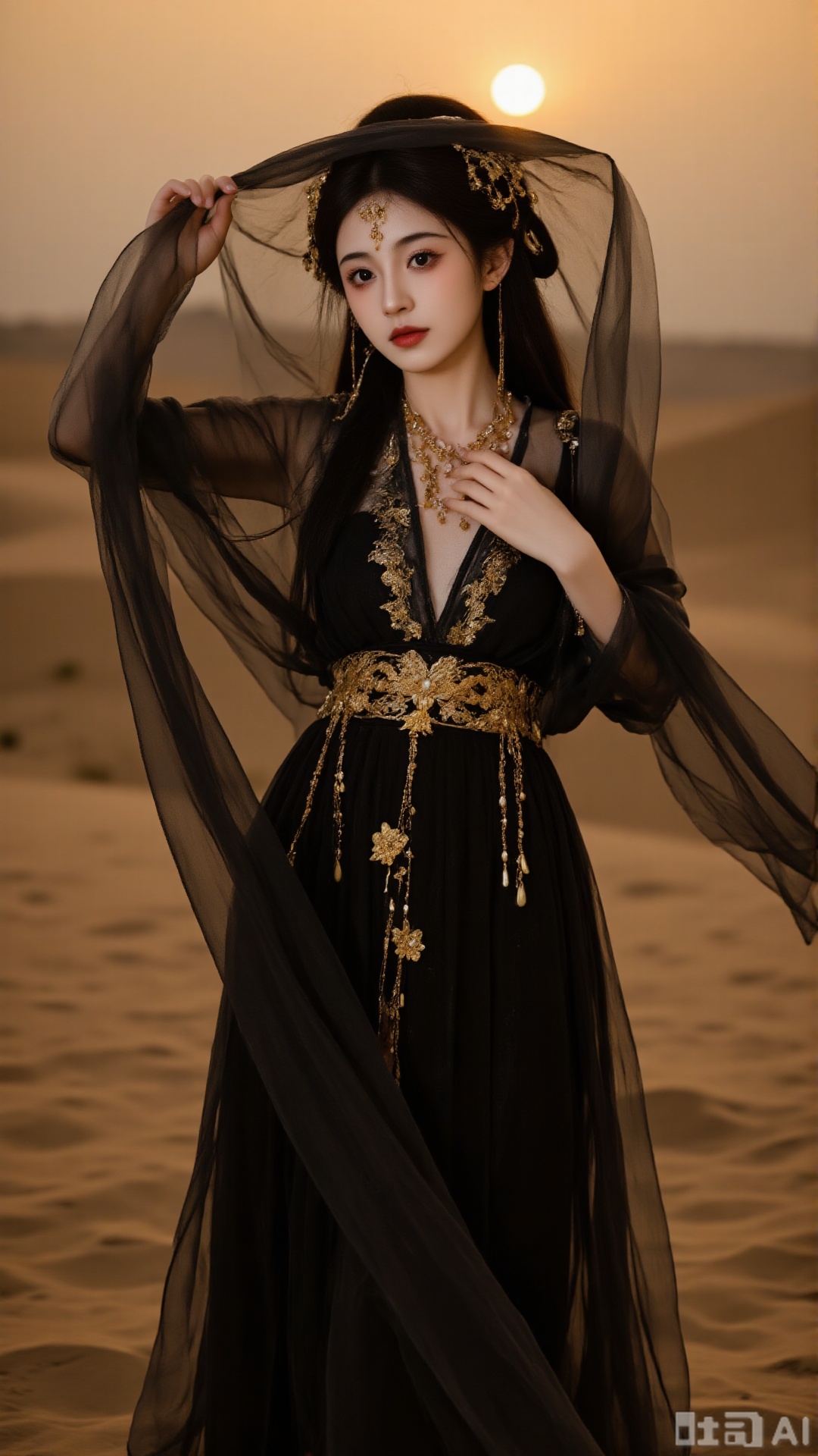 The image shows a young woman standing in a desert-like landscape with the sun setting in the background. She is wearing a long, flowing black dress with gold accents and a gold headpiece. The dress has a high neckline and long sleeves, and the skirt is made of a sheer fabric with intricate gold embroidery. The woman is holding the dress with one hand and her other hand is resting on her hip. She has long dark hair styled in loose waves and is looking off to the side with a serious expression on her face. The overall mood of the image is dramatic and mysterious.