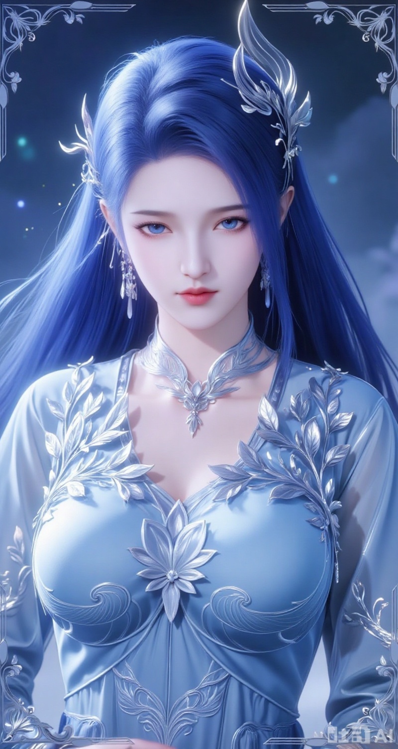 baoshi,lvjing,ayin,long hair,blue eyes,hair ornament,jewelry,blue hair,1girl,solo,earrings,jewelry,looking at viewer,breasts,tarot,collarbone,upper body,dress,closed mouth,card \(medium\),tarot \(medium\),frills,border,15,cover,simple background,gradient background,close-up details,outstanding style,(baoshi),adding a touch of dimension to your images without compromising details,close-up,