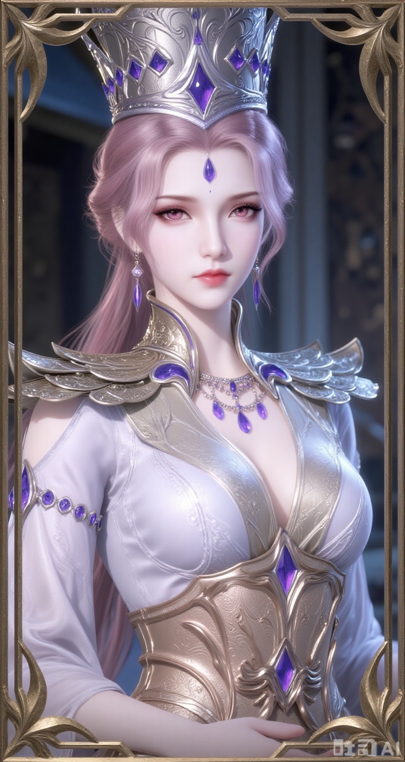 baoshi,lvjing,bibidong,girl,solo,breasts,looking at viewer,short hair,dress,cleavage,jewelry,upper body,indoors,necklace,armor,crown, gem, 1girl,blonde hair,blue eyes,forehead_jewel,long hair,white dress:blue dress,1girl,solo,earrings,jewelry,looking at viewer,breasts,tarot,collarbone,upper body,dress,closed mouth,card \(medium\),tarot \(medium\),frills,border,15,cover,simple background,gradient background,close-up details,outstanding style,(baoshi),adding a touch of dimension to your images without compromising details,close-up,