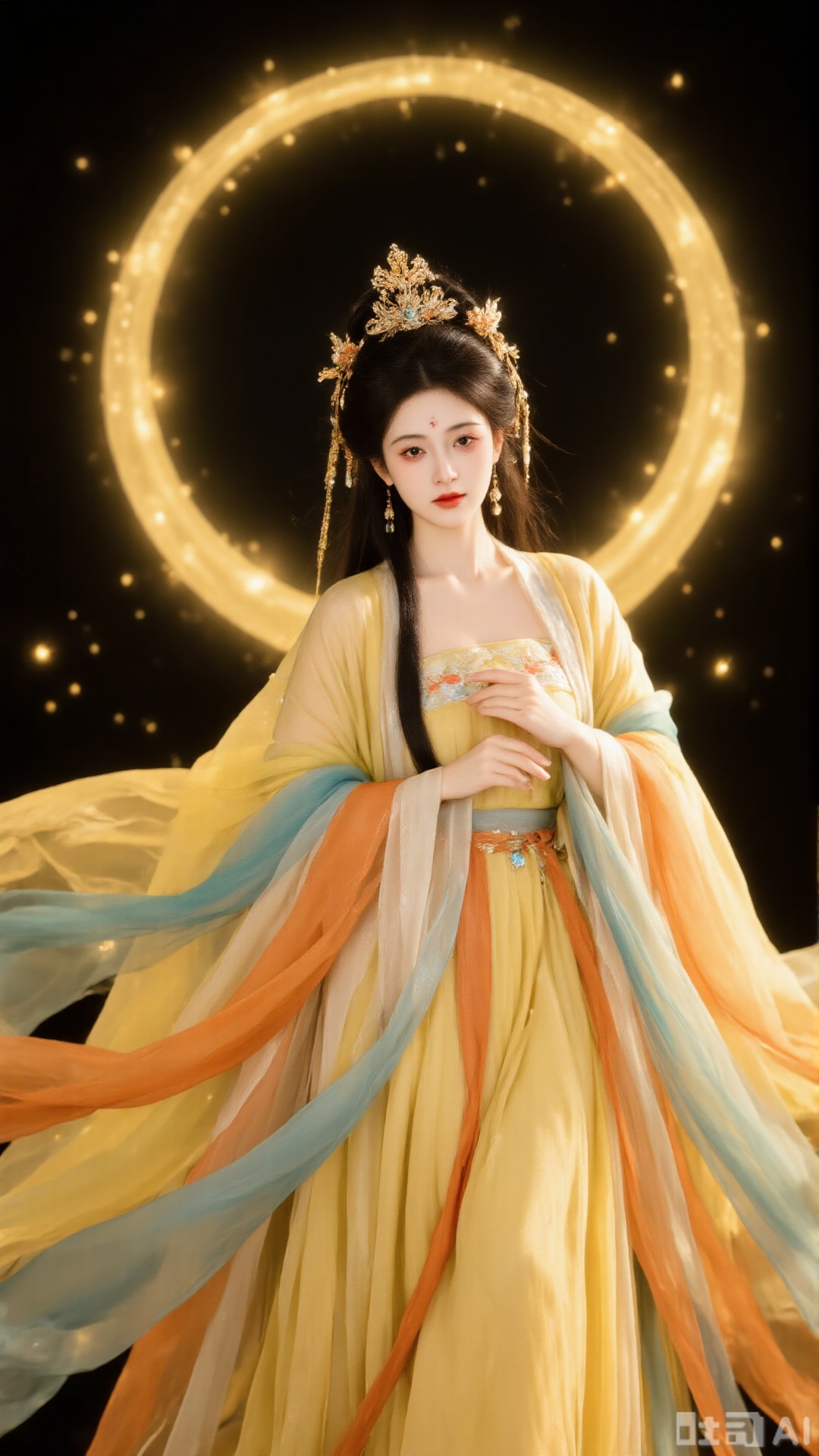 The image is a portrait of a young woman with long dark hair and a crown on her head. She is wearing a long, flowing yellow dress with a blue and orange shawl draped over her shoulders. The dress has a high neckline and long sleeves, and she is also wearing a necklace and earrings. The woman is standing in front of a dark background with a large, circular object that appears to be a crescent moon. The object is glowing with a golden light, creating a magical and ethereal atmosphere. The overall mood of the image is mystical and mystical.