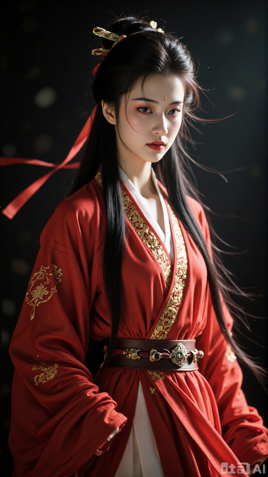 Ancient costume heroes, bright and charming, peerless beauty, new martial arts dress, long hair, hairband, accessories hanging around the waist, sleeve clips, belts, red and gold color matching for clothes, dynamic blur, focus blur, light color, dark tone, overexposure, hazy light, Rembrandt light, contour light, elongated light, strong light and dark contrast, multiple exposure, strong perspective, shallow depth of field, high noise, film grain, light and shadow art, diffuse and smudge, hazy aesthetic, exaggerated composition, surreal, masterpiece