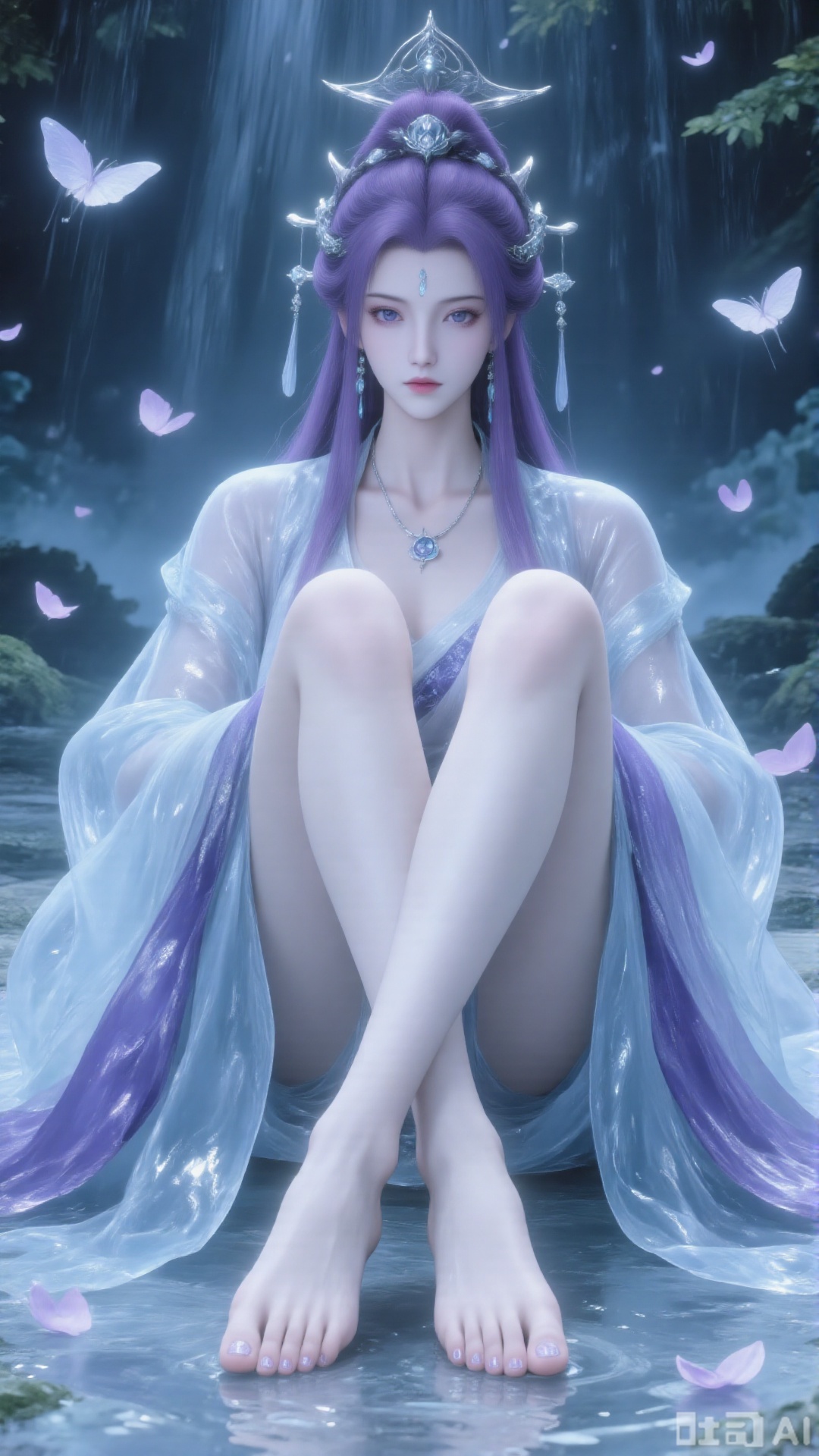 1 girl, solo, long hair, purple hair, headdress, long sleeves, ancient costume fairy skirt, necklace, jewelry, flowers, earrings, necklace, indoor, hair flower, wide sleeves, off-shoulder, white purple ancient costume fairy skirt, jade feet, different positions, lips, windows, clear lake water, white clouds, sea and sky, full of flowers, petals, rain, dreamy, makeup, Chinese clothing, purple flowers, best quality, red lips, close-up