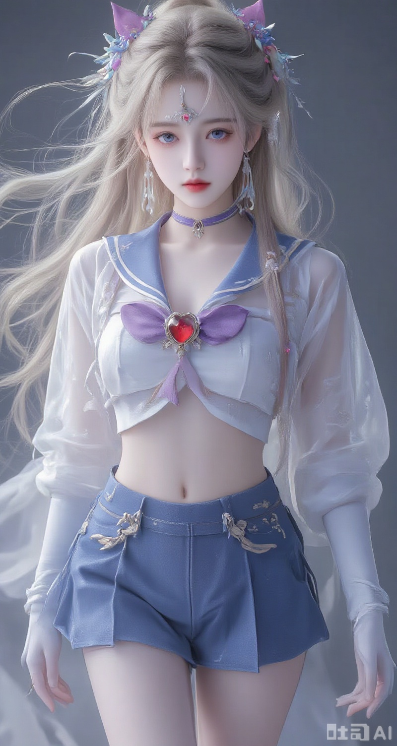 lvjing,baoshi,long hair,blonde hair,jewelry,earrings,blue eyes,ring,lips,red_lips, 1girl,sailor senshi uniform,solo,jewelry,skirt,gloves,earrings,blue skirt,white gloves,sailor collar,bow,breasts,choker,elbow gloves,magical girl,back bow,covered navel,heart,pleated skirt,looking at viewer,brooch,purple bow,heart brooch,red choker,circlet,miniskirt,closed mouth,large breasts,collarbone,red gemstone,tiara,cowboy shot,simple background,gradient background,close-up details,outstanding style,adding a touch of dimension to your images without compromising details,close-up,